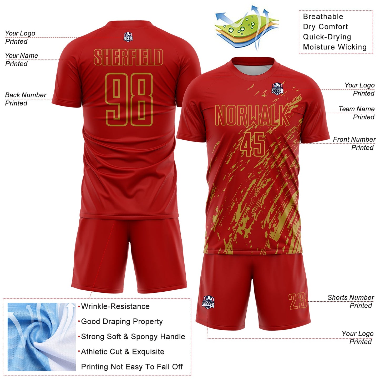 Custom Red Old Gold Splash Sublimation Soccer Uniform Jersey Limited