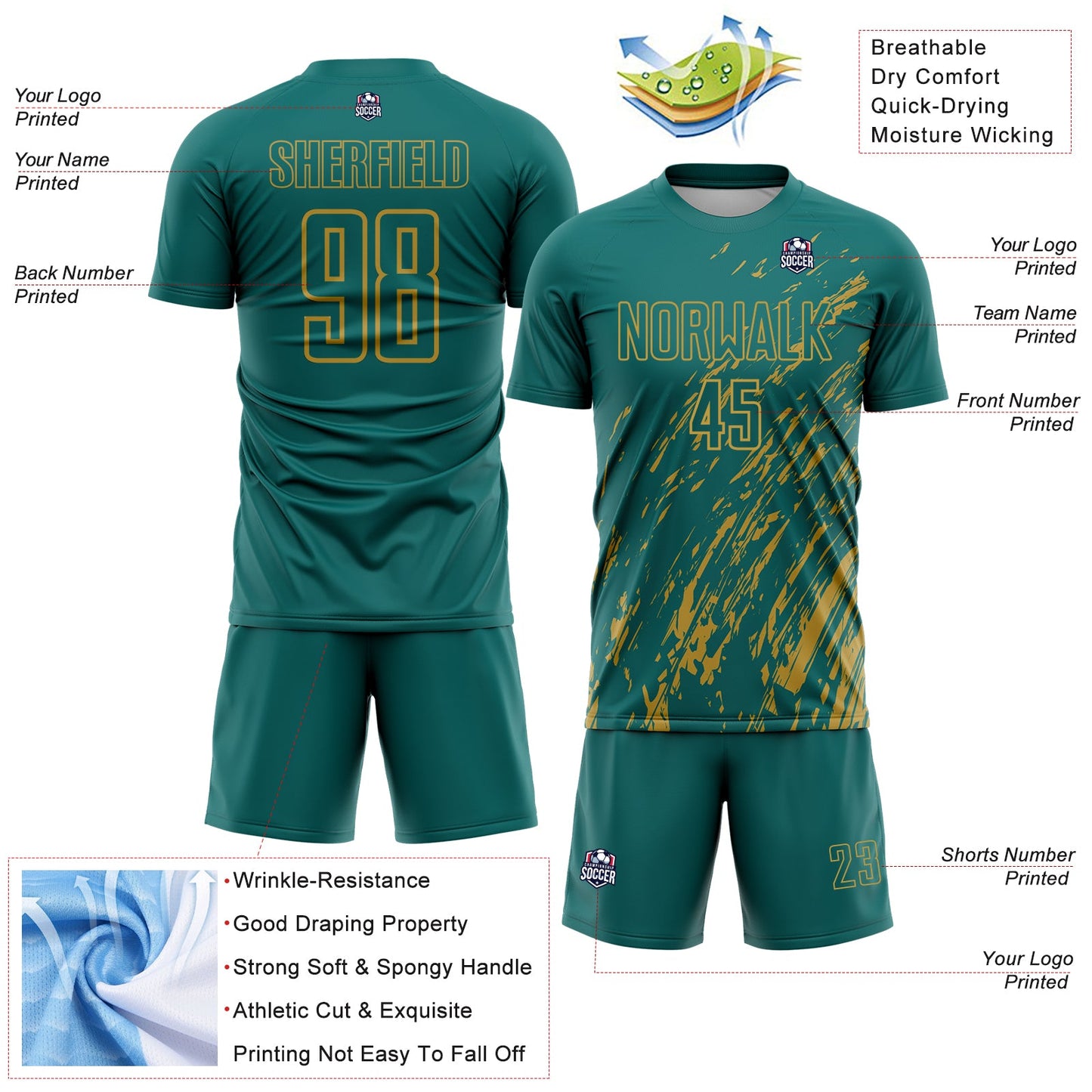 Custom Teal Old Gold Splash Sublimation Soccer Uniform Jersey Limited