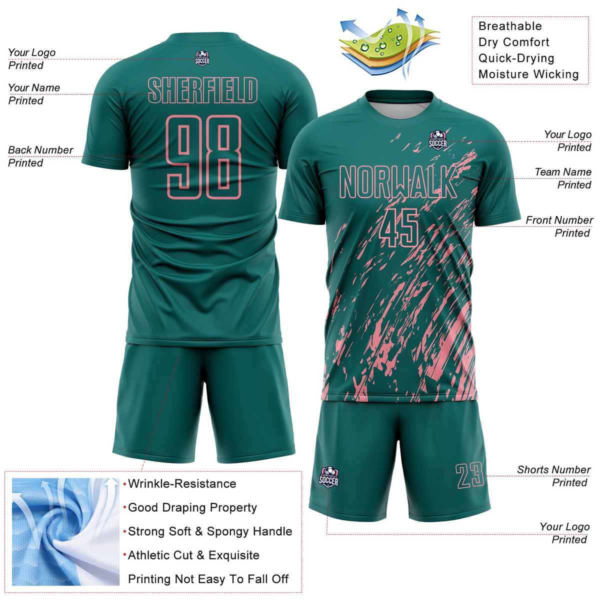 Custom Teal Medium Pink Splash Sublimation Soccer Uniform Jersey Limited