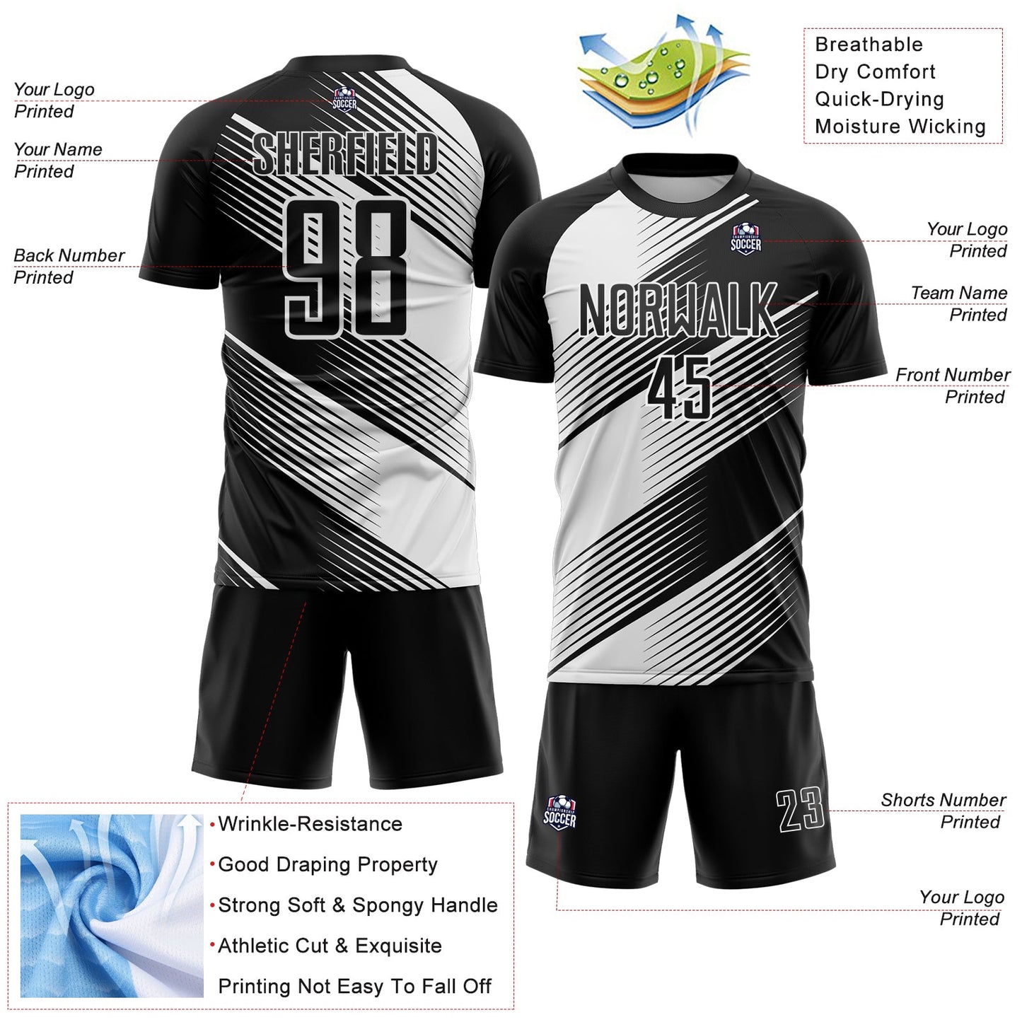 Custom Black White Line Sublimation Soccer Uniform Jersey Limited