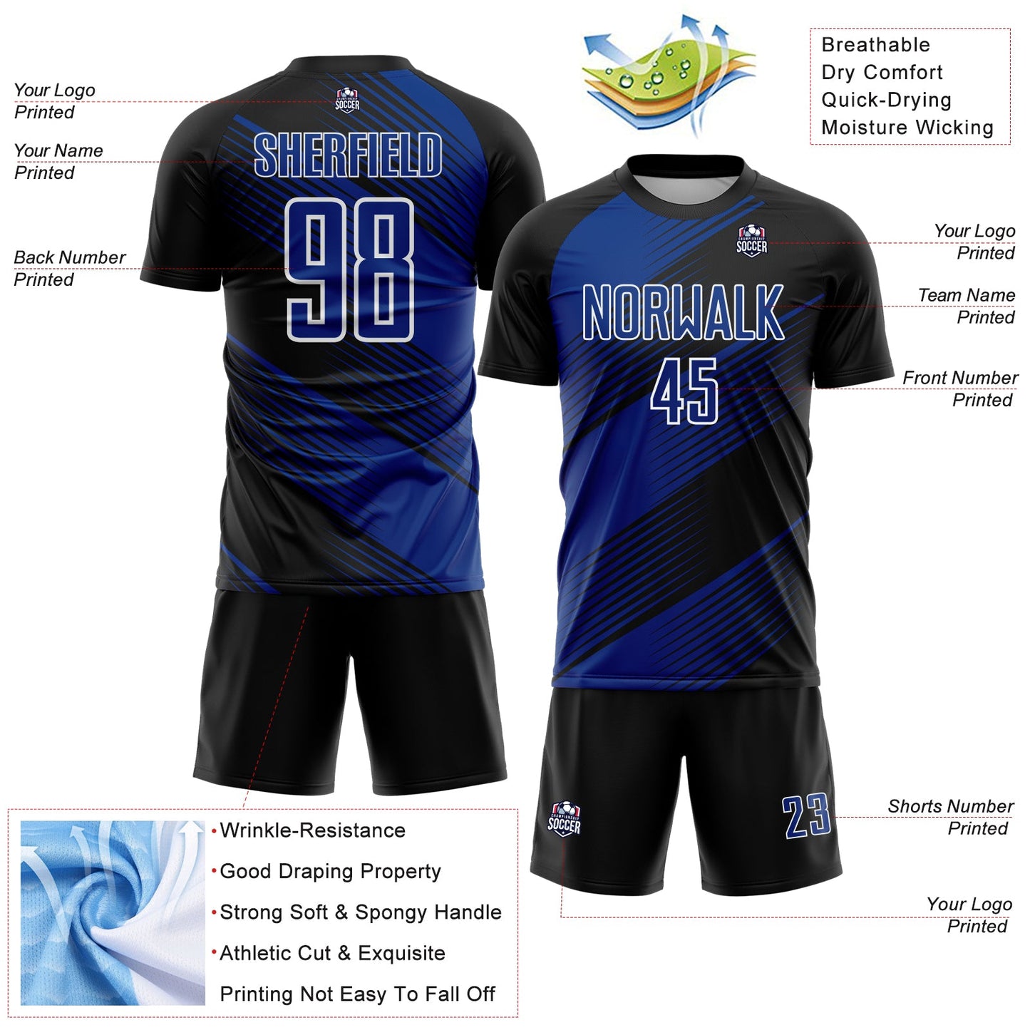 Custom Black Royal-White Line Sublimation Soccer Uniform Jersey Limited