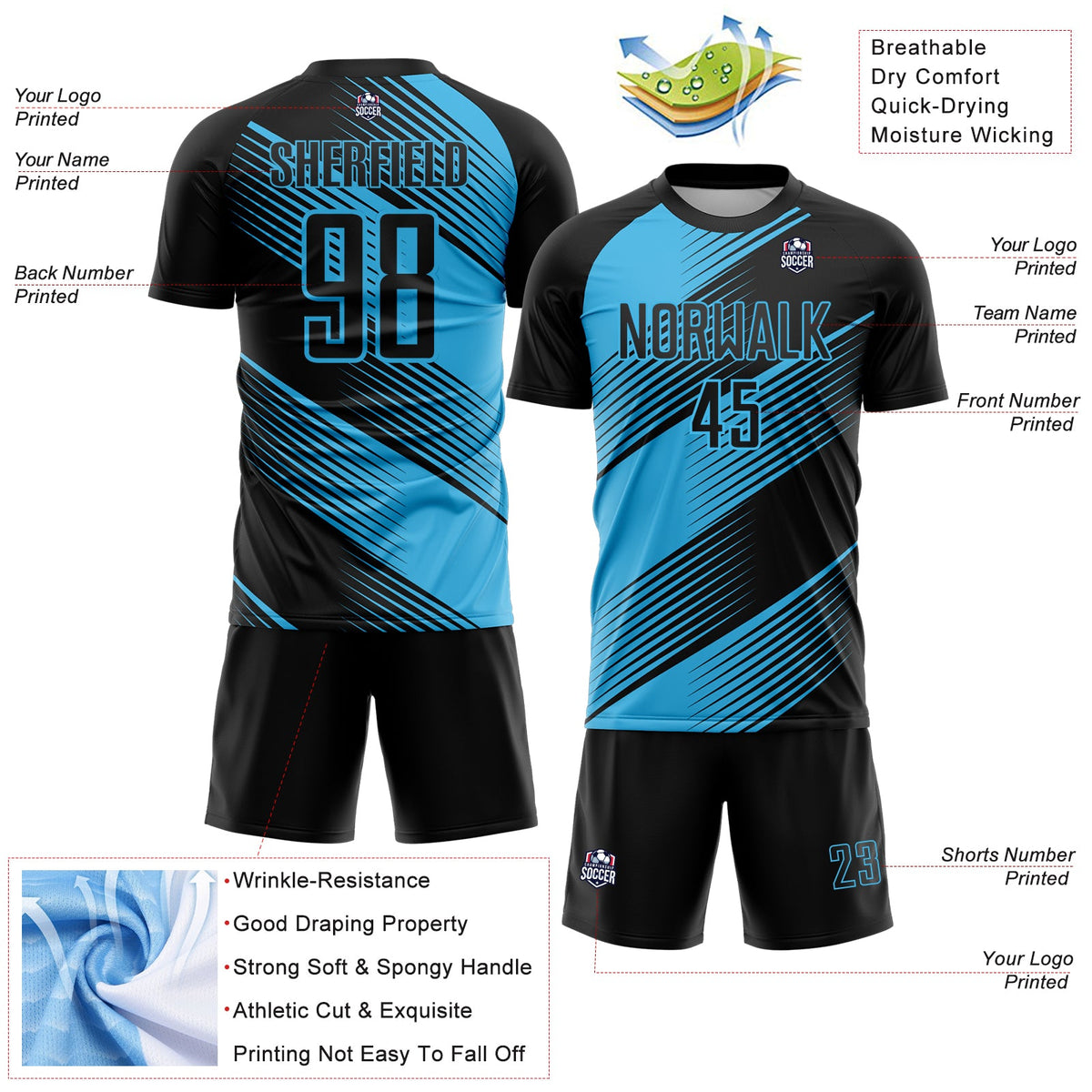 Custom Black Sky Blue Line Sublimation Soccer Uniform Jersey Limited