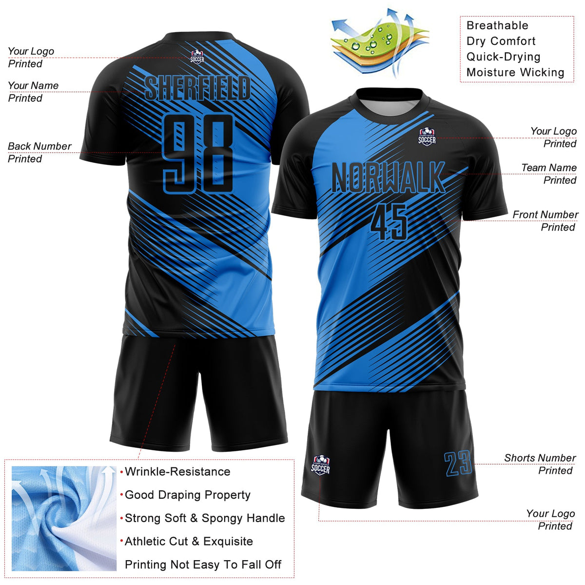 Custom Black Powder Blue Line Sublimation Soccer Uniform Jersey Limited