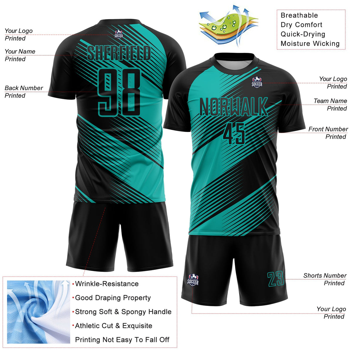 Custom Black Aqua Line Sublimation Soccer Uniform Jersey Limited