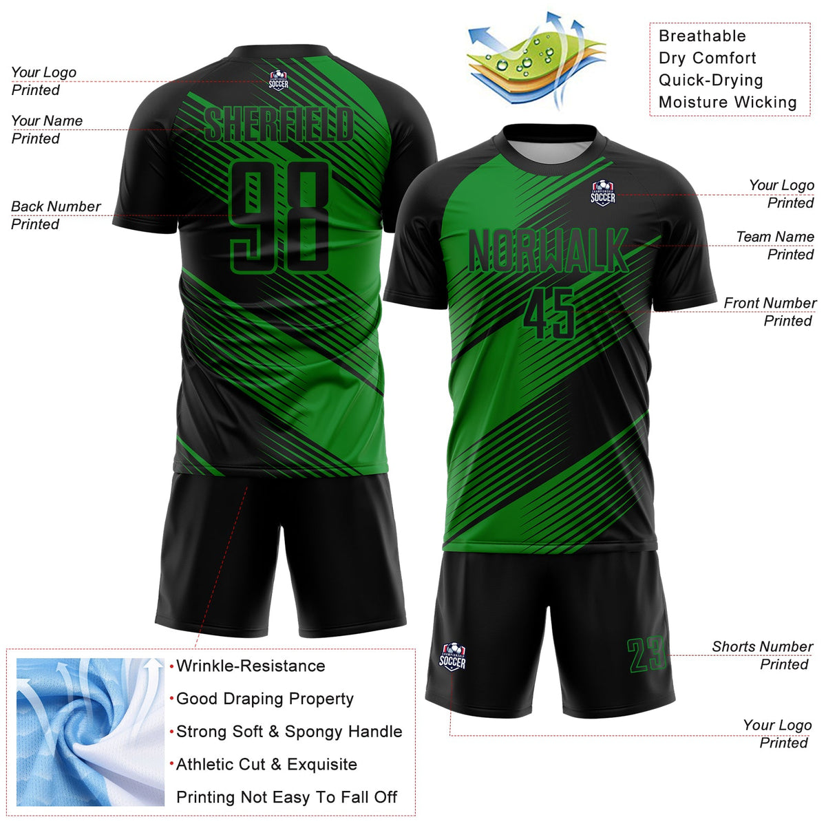 Custom Black Grass Green Line Sublimation Soccer Uniform Jersey Limited