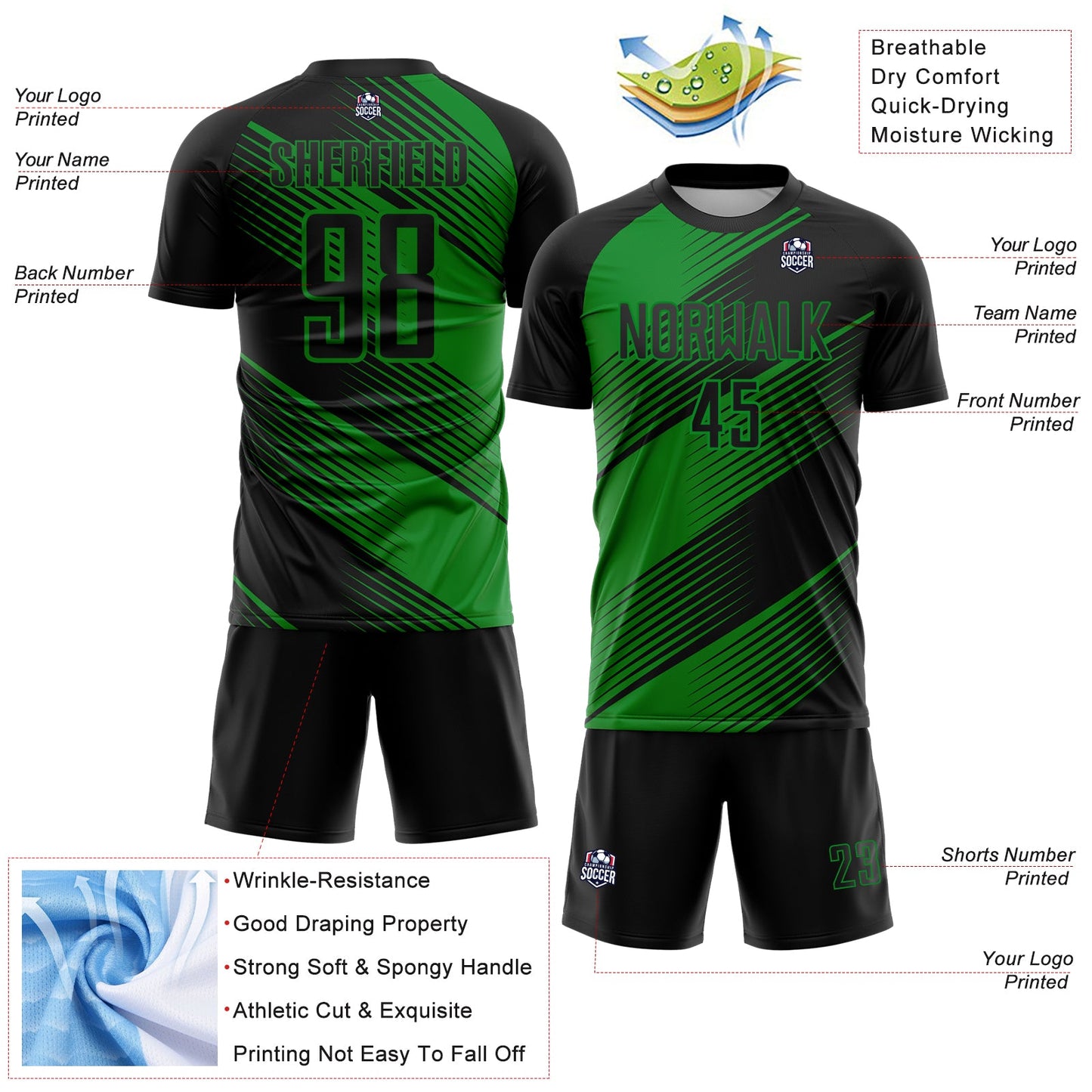 Custom Black Grass Green Line Sublimation Soccer Uniform Jersey Limited