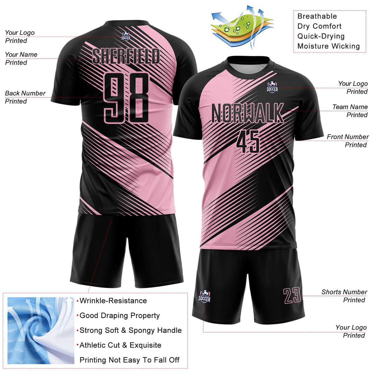 Custom Black Light Pink Line Sublimation Soccer Uniform Jersey Limited