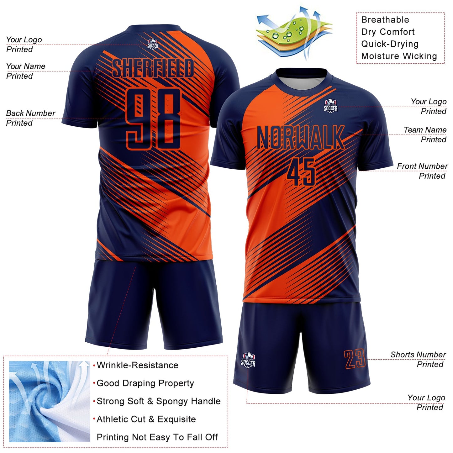 Custom Navy Orange Line Sublimation Soccer Uniform Jersey Limited