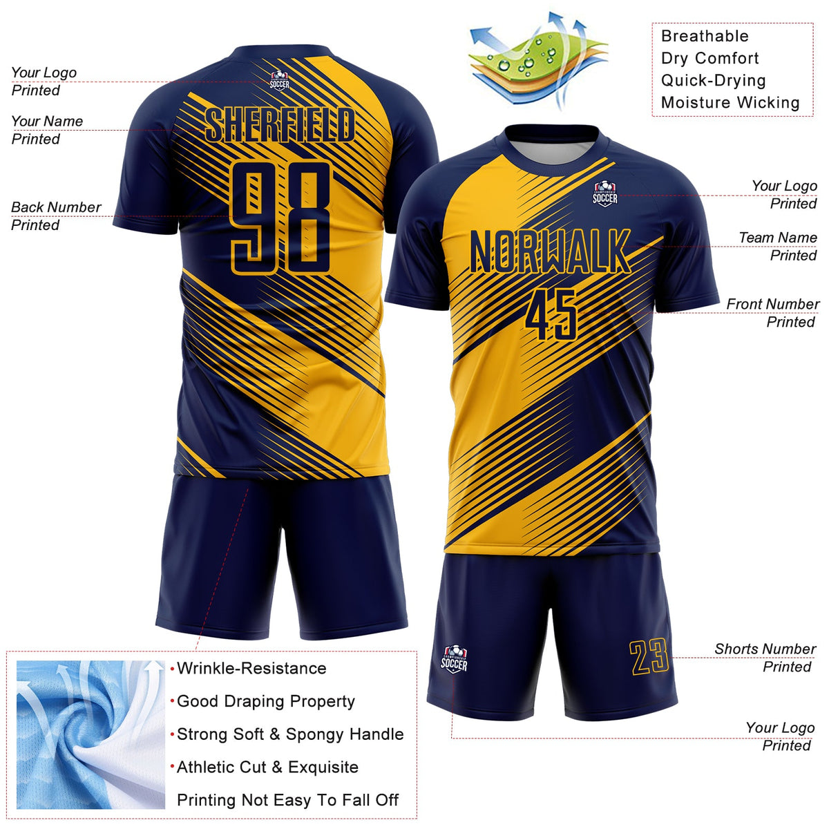 Custom Navy Gold Line Sublimation Soccer Uniform Jersey Limited
