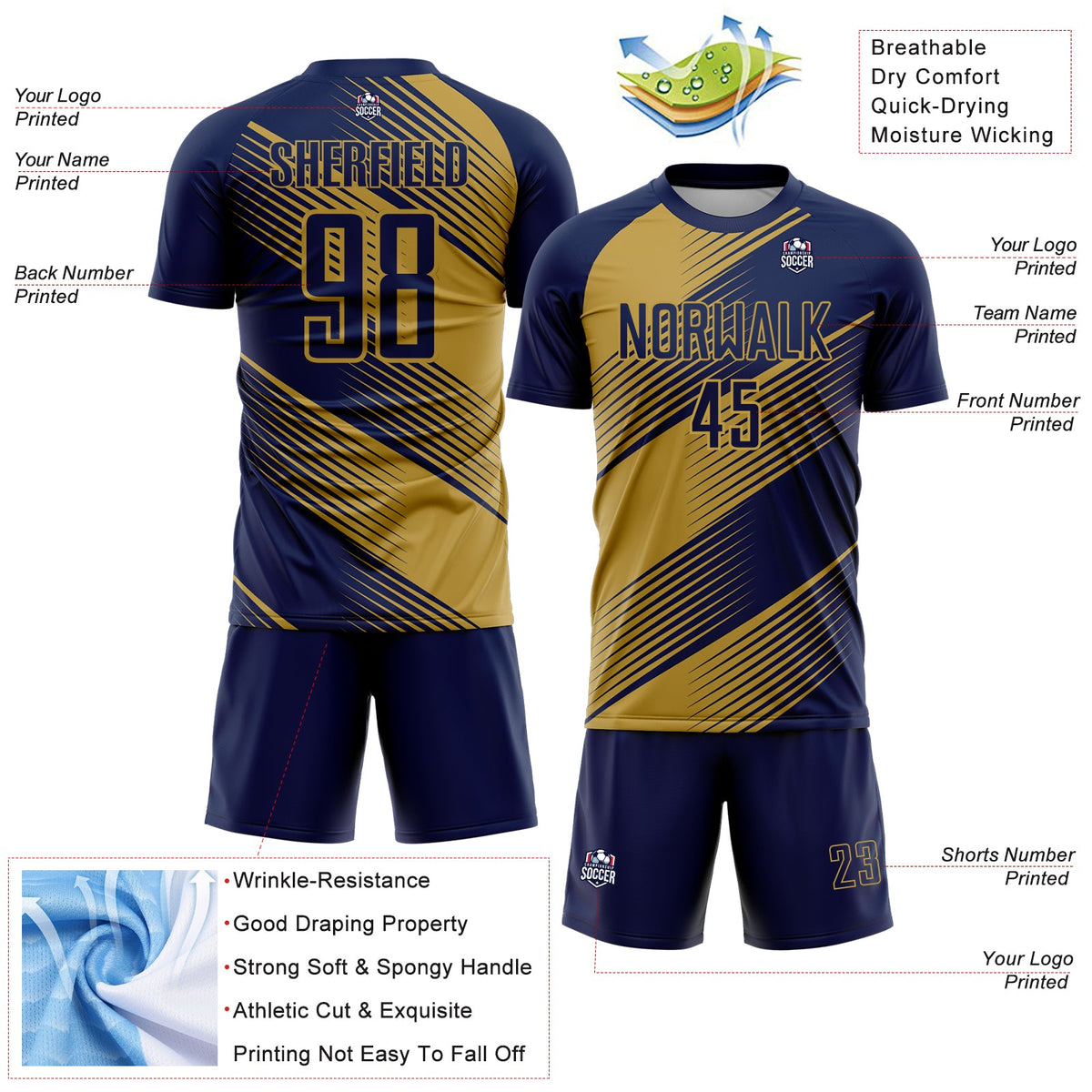 Custom Navy Old Gold Line Sublimation Soccer Uniform Jersey Limited
