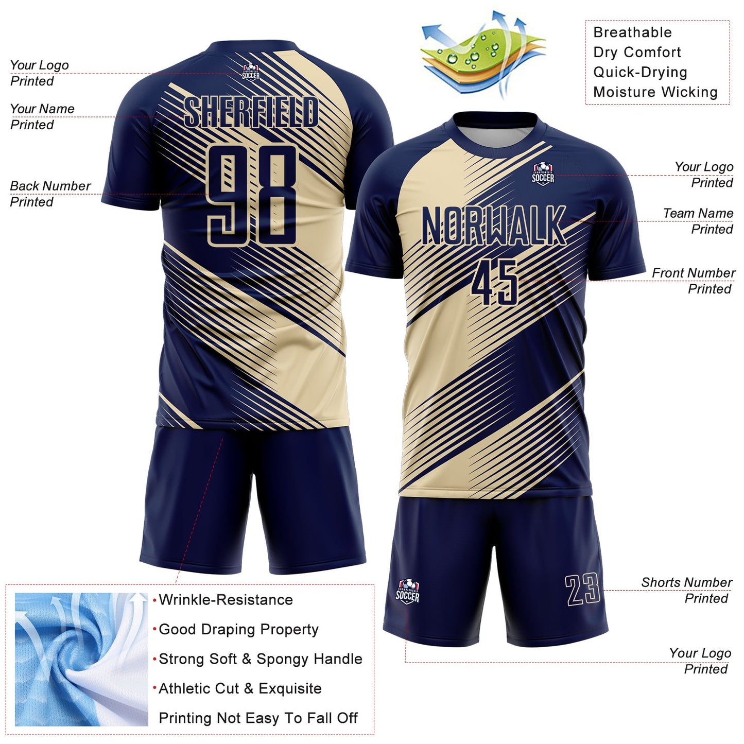 Custom Navy Cream Line Sublimation Soccer Uniform Jersey Limited