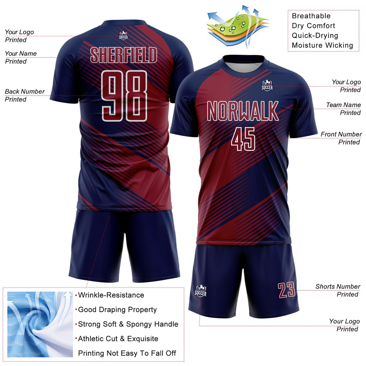 Custom Navy Crimson-White Line Sublimation Soccer Uniform Jersey Limited