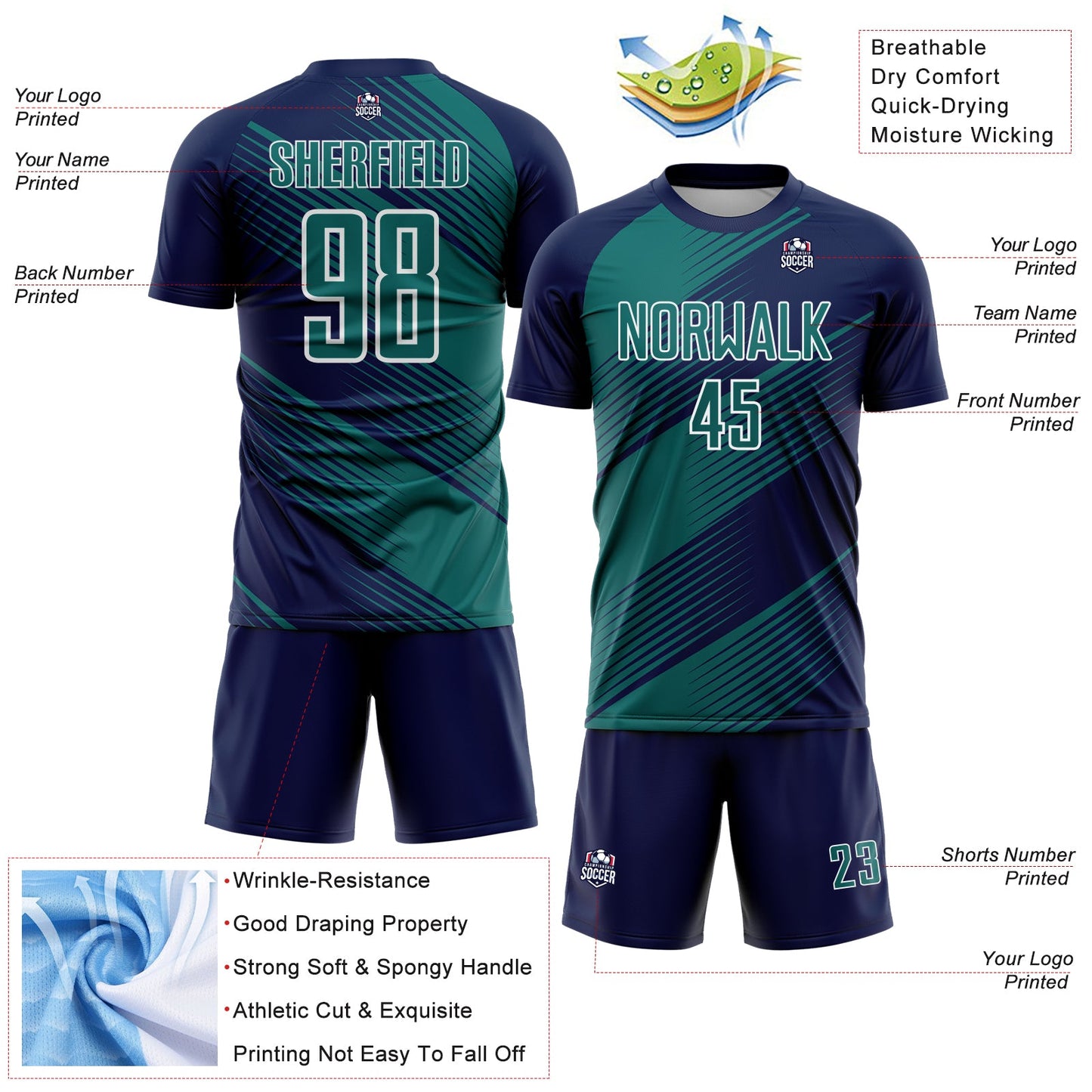 Custom Navy Teal-White Line Sublimation Soccer Uniform Jersey Limited
