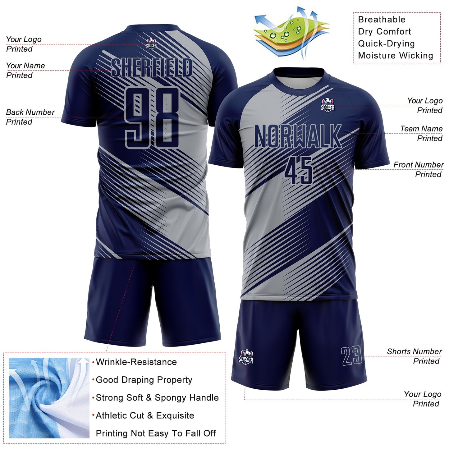 Custom Navy Gray Line Sublimation Soccer Uniform Jersey Limited