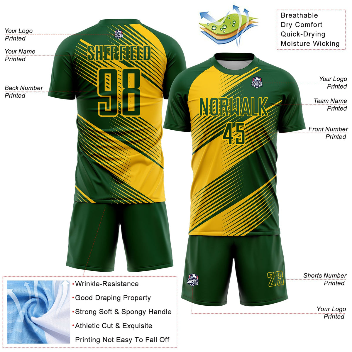 Custom Green Yellow Line Sublimation Soccer Uniform Jersey Limited