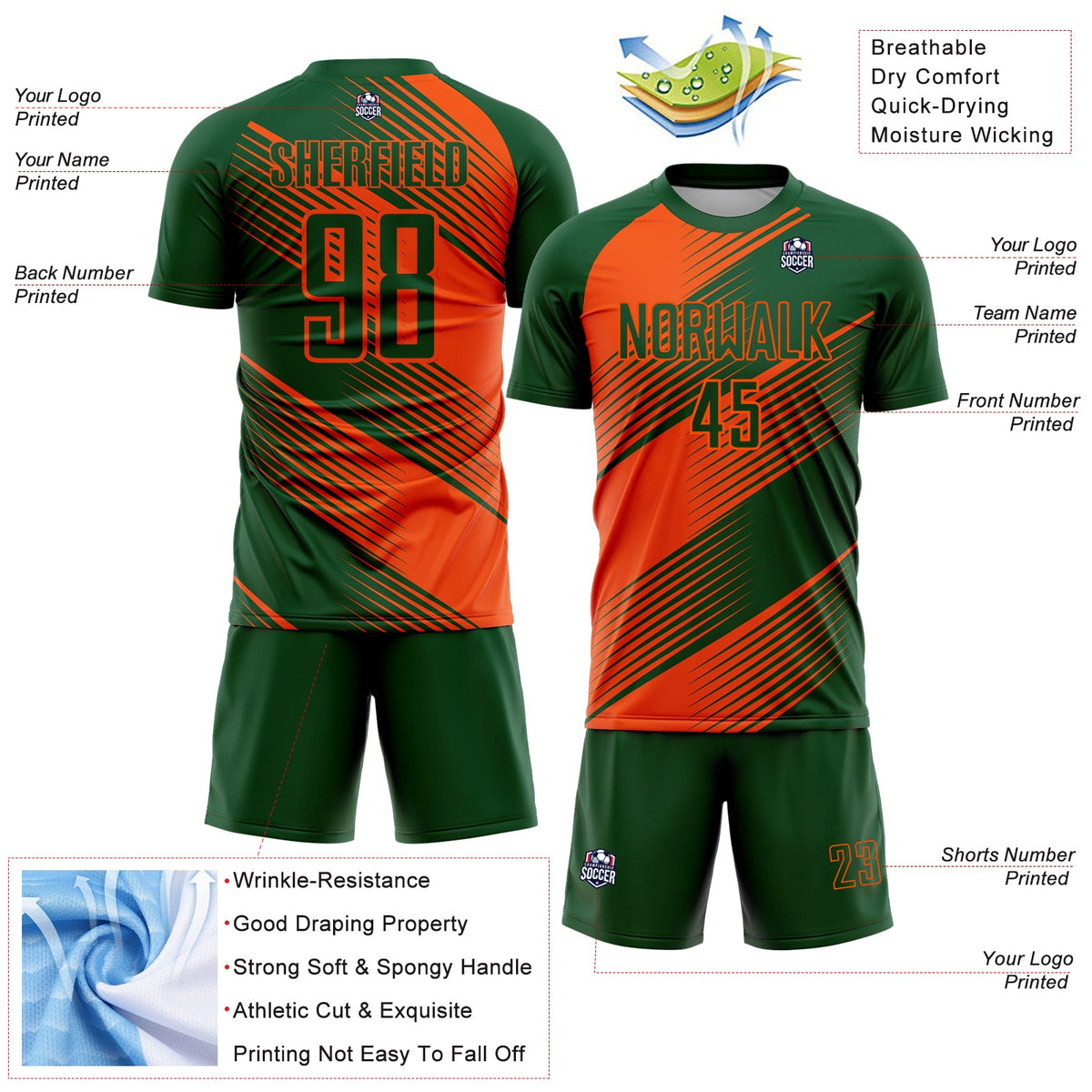 Custom Green Orange Line Sublimation Soccer Uniform Jersey Limited