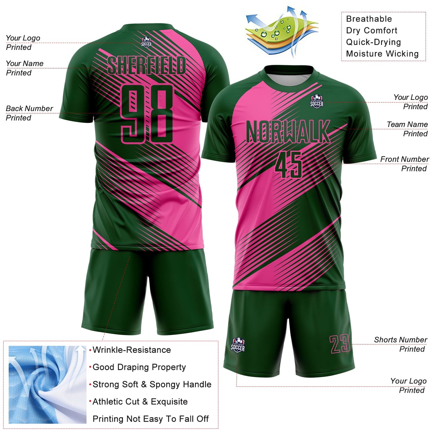 Custom Green Pink Line Sublimation Soccer Uniform Jersey Limited