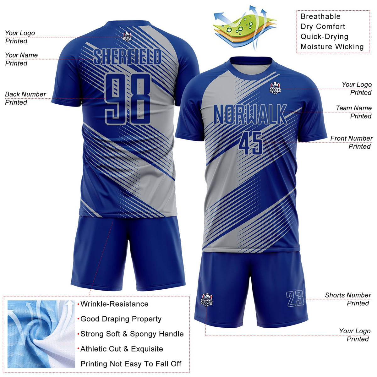Custom Royal Gray Line Sublimation Soccer Uniform Jersey Limited