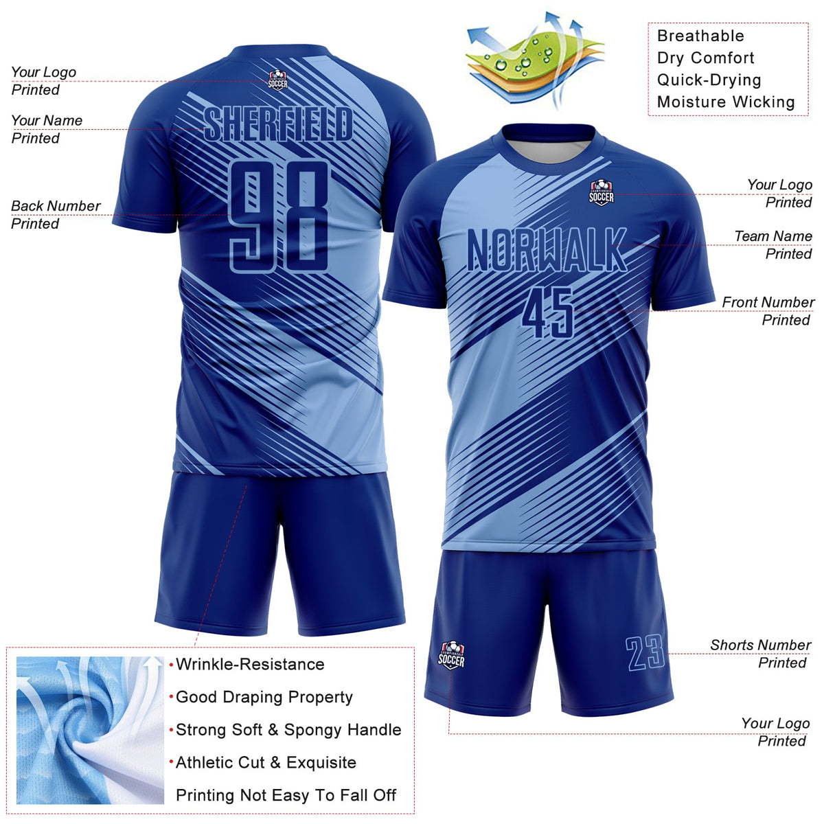 Custom Royal Light Blue Line Sublimation Soccer Uniform Jersey Limited