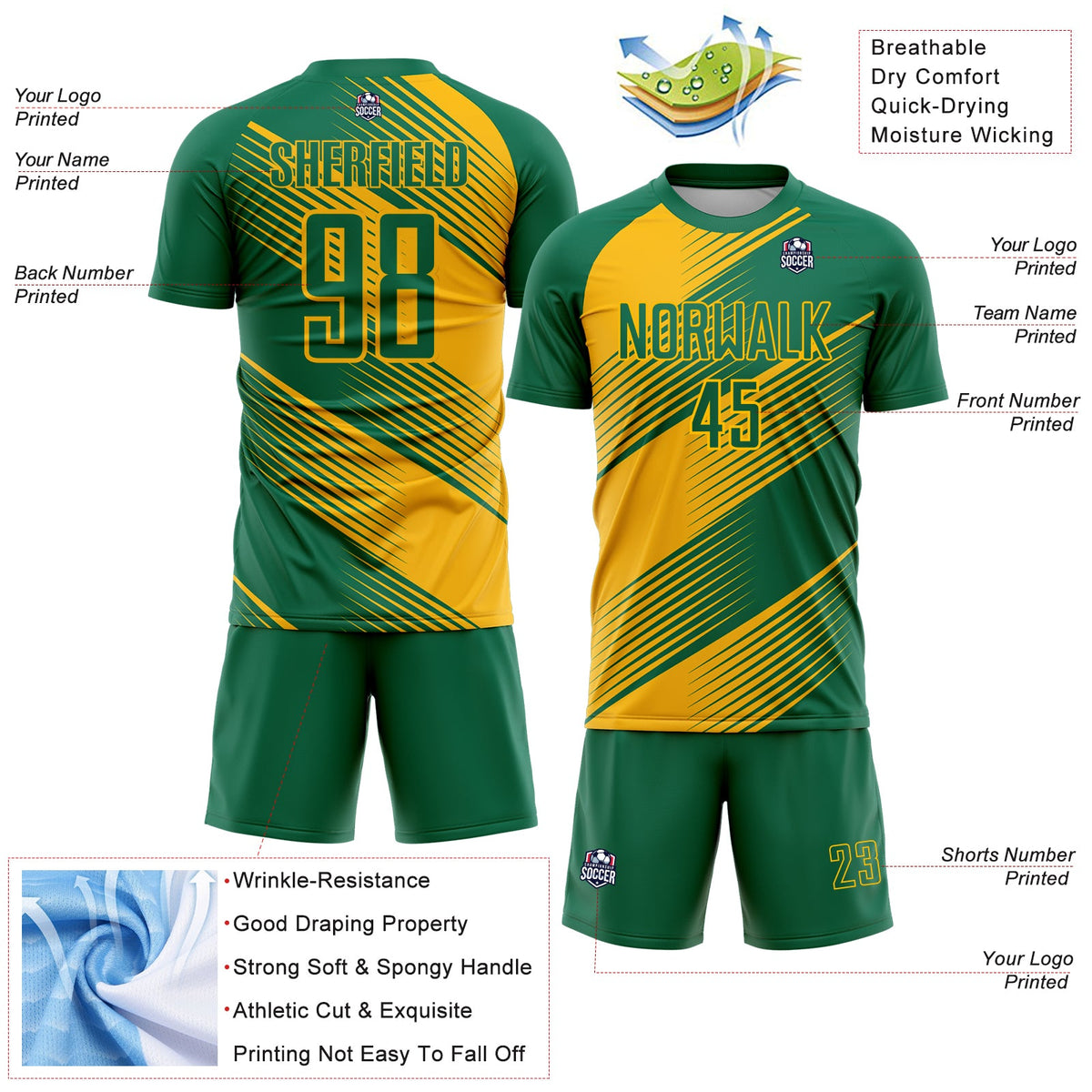Custom Kelly Green Gold Line Sublimation Soccer Uniform Jersey Limited