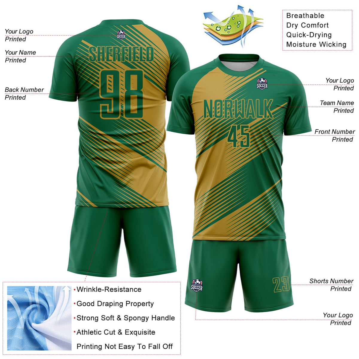 Custom Kelly Green Old Gold Line Sublimation Soccer Uniform Jersey Limited