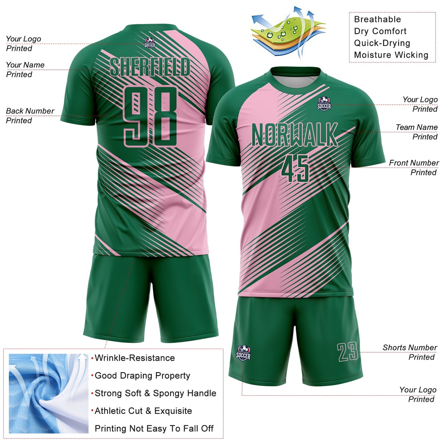 Custom Kelly Green Light Pink Line Sublimation Soccer Uniform Jersey Limited