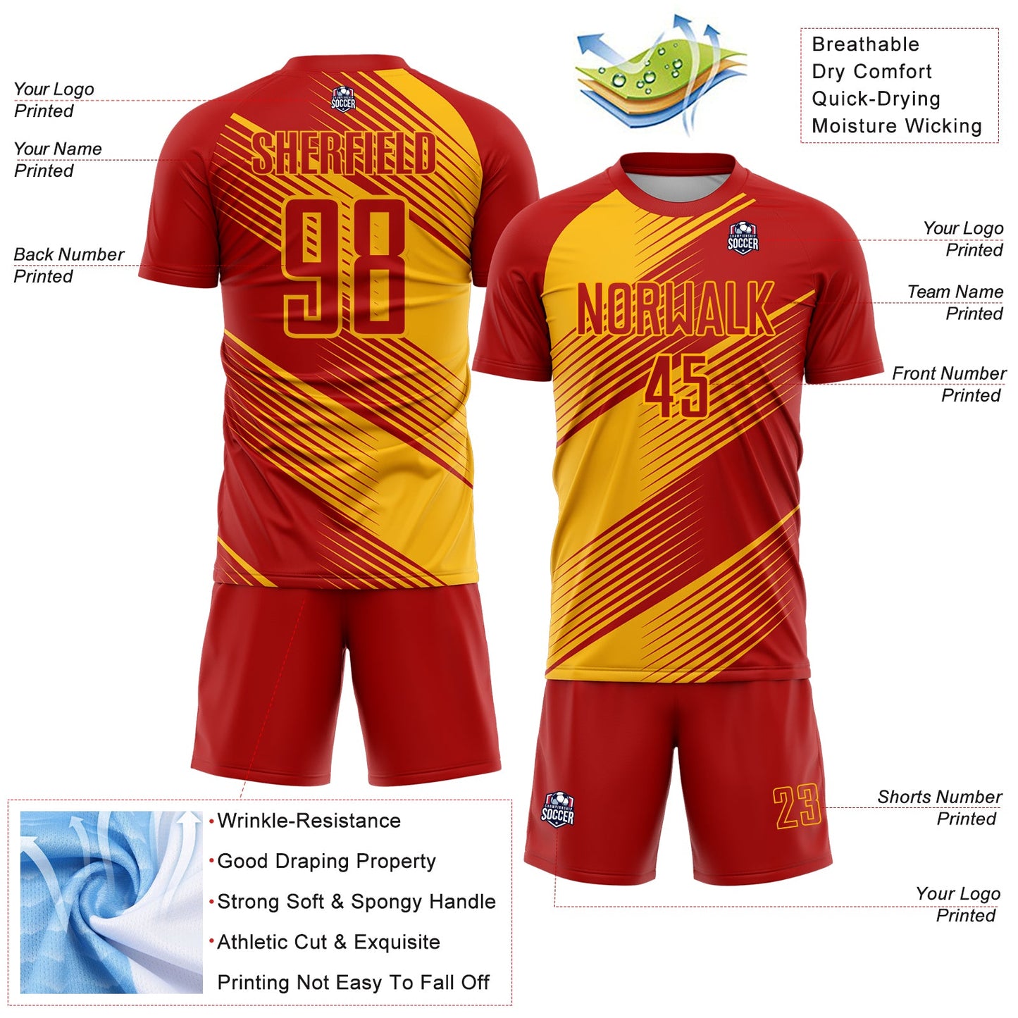 Custom Red Gold Line Sublimation Soccer Uniform Jersey Limited