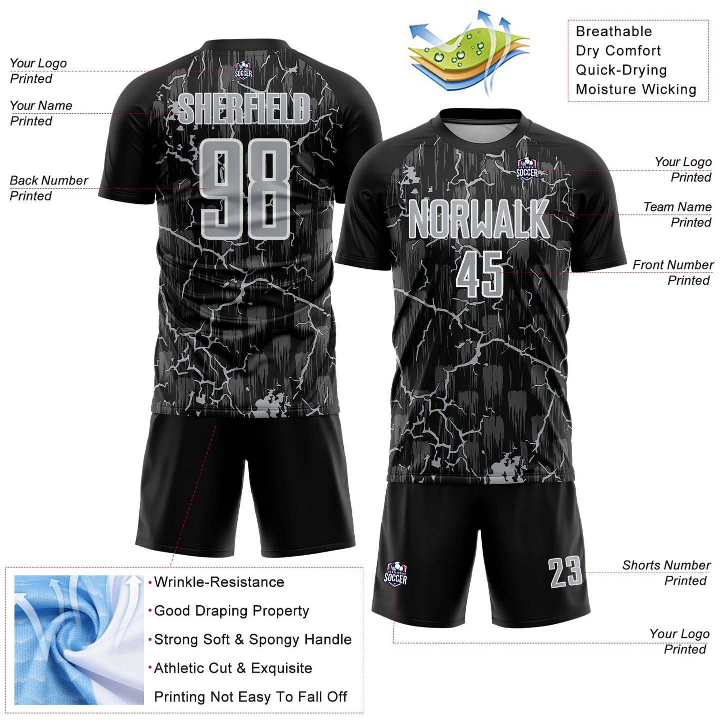 Custom Black Gray-White Lightning Sublimation Soccer Uniform Jersey Limited