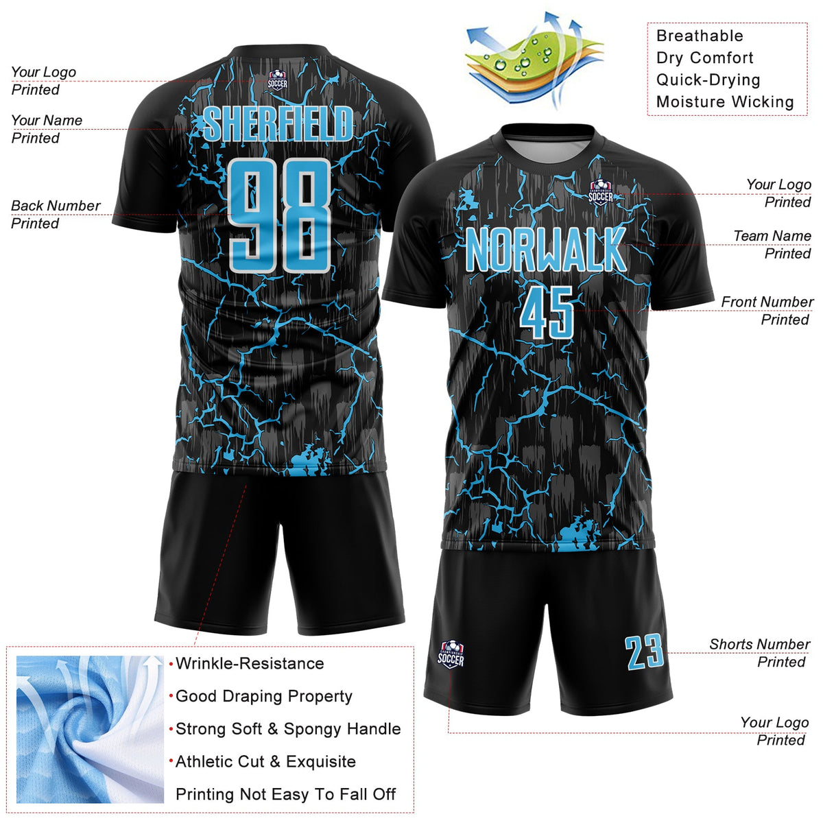 Custom Black Sky Blue-White Lightning Sublimation Soccer Uniform Jersey Limited