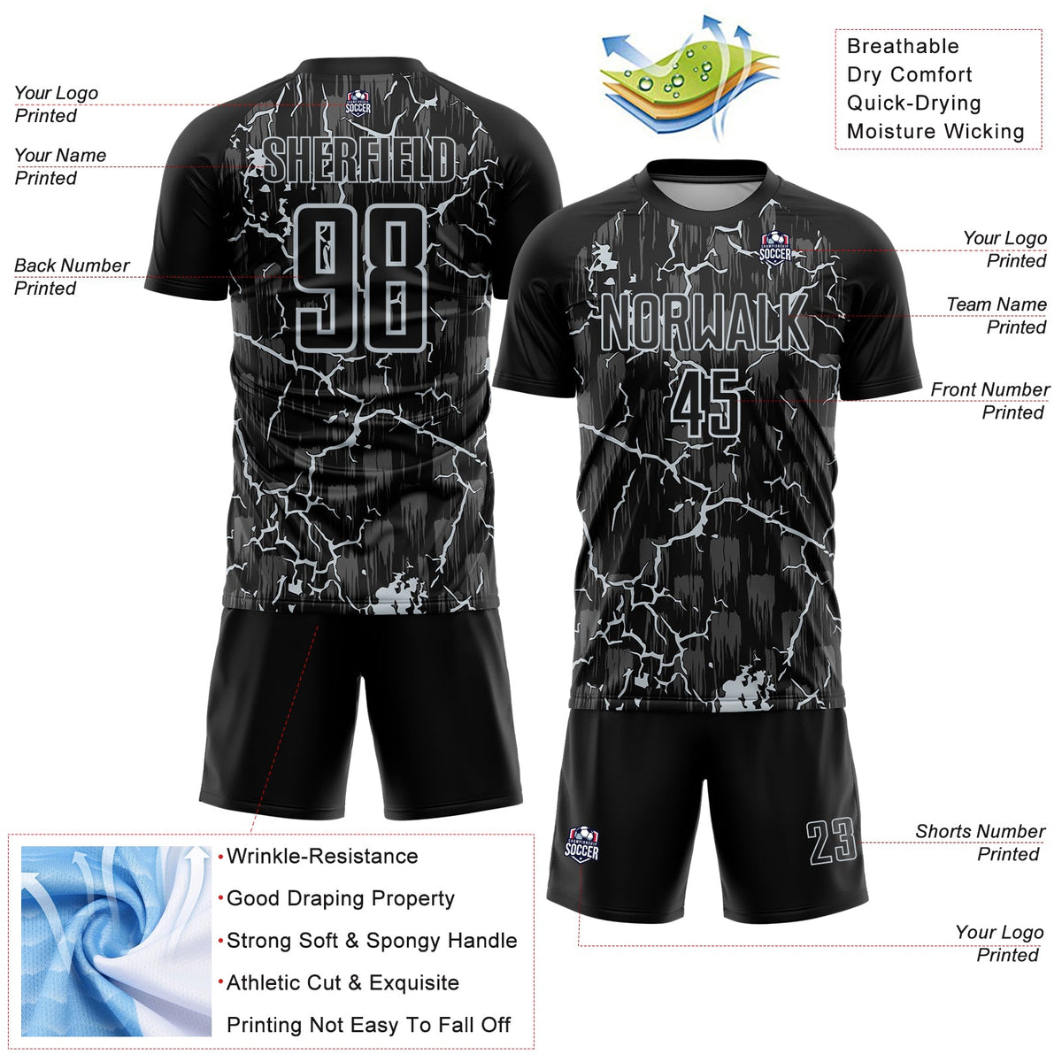 Custom Black Silver Lightning Sublimation Soccer Uniform Jersey Limited