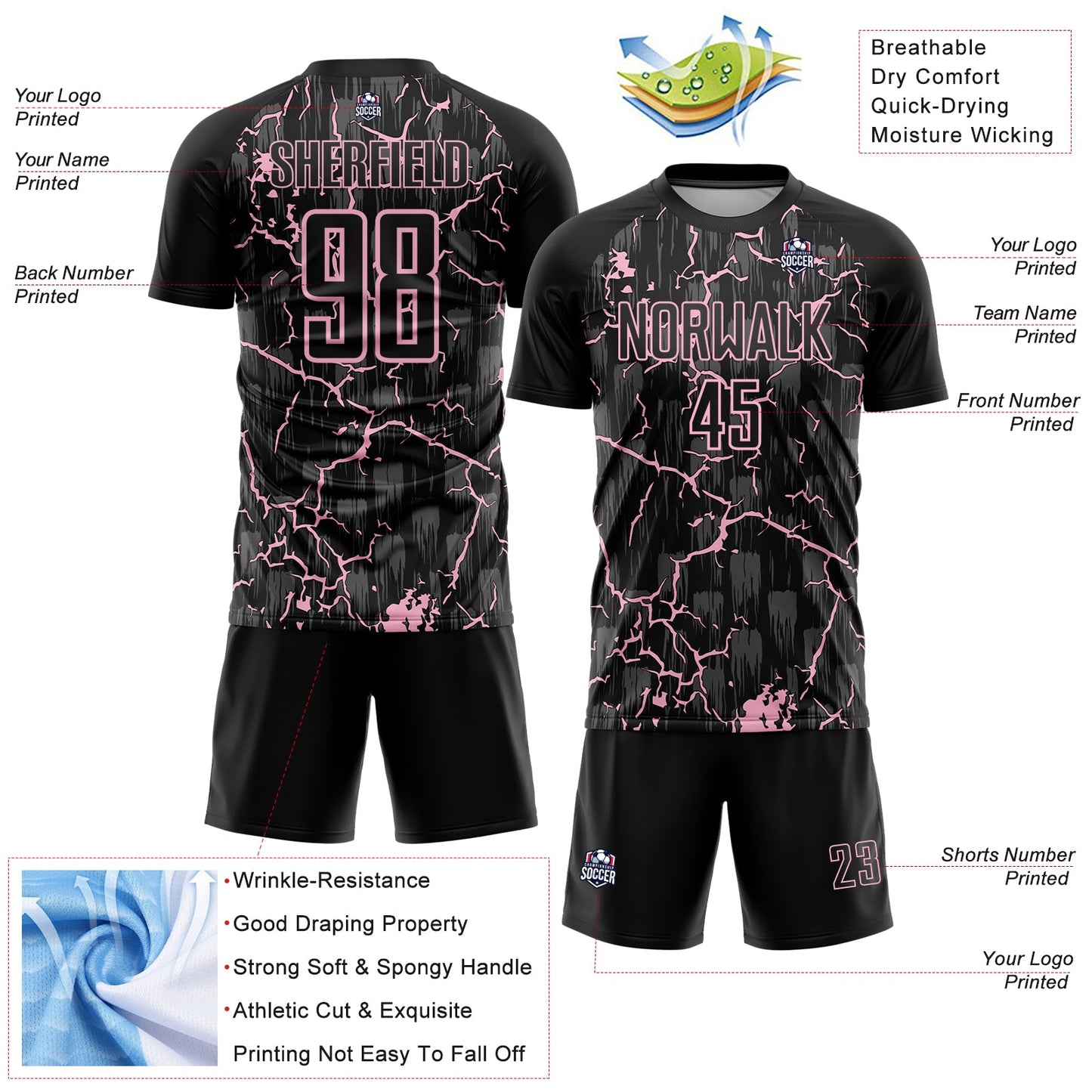 Custom Black Light Pink Lightning Sublimation Soccer Uniform Jersey Limited