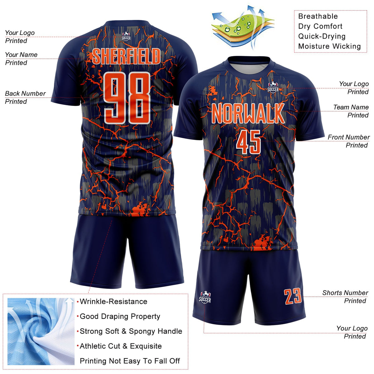 Custom Navy Orange-White Lightning Sublimation Soccer Uniform Jersey Limited