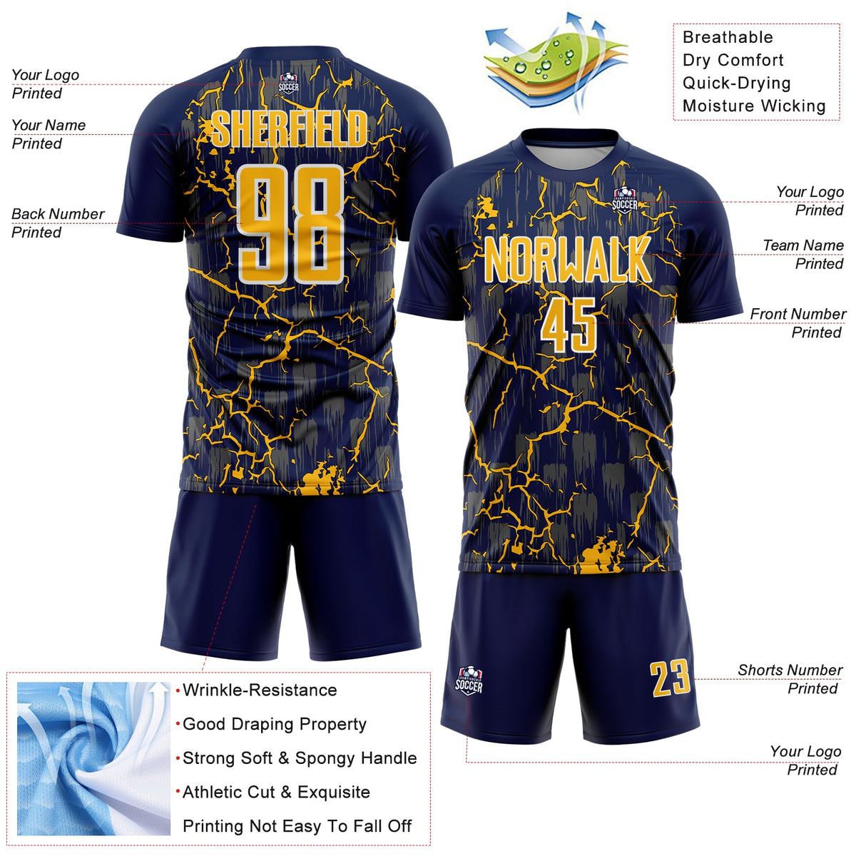 Custom Navy Gold-White Lightning Sublimation Soccer Uniform Jersey Limited