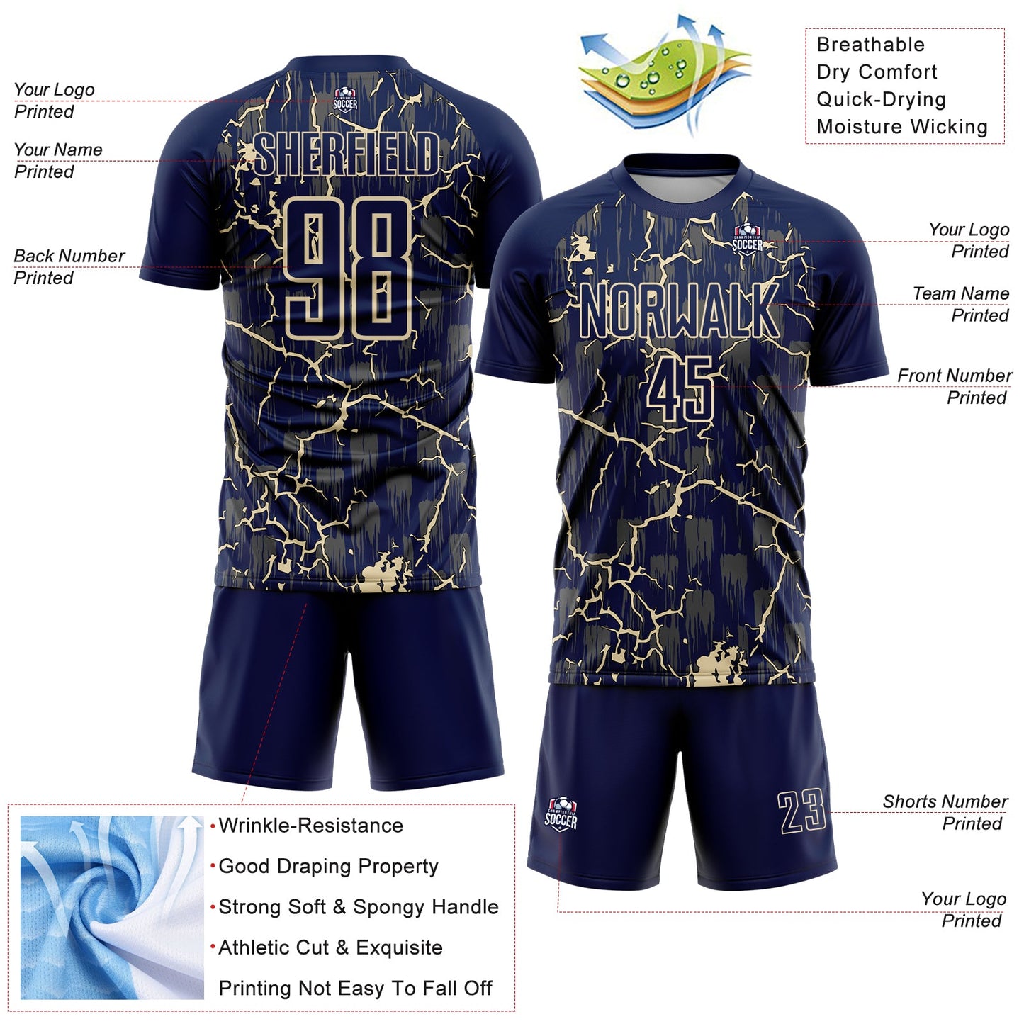 Custom Navy Cream Lightning Sublimation Soccer Uniform Jersey Limited