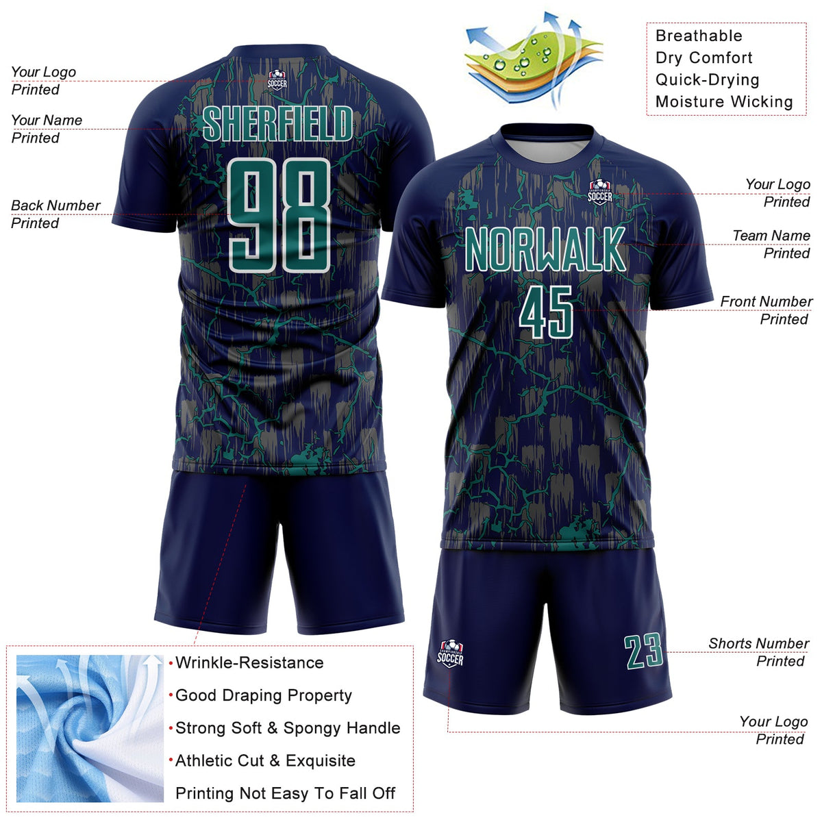 Custom Navy Teal-White Lightning Sublimation Soccer Uniform Jersey Limited