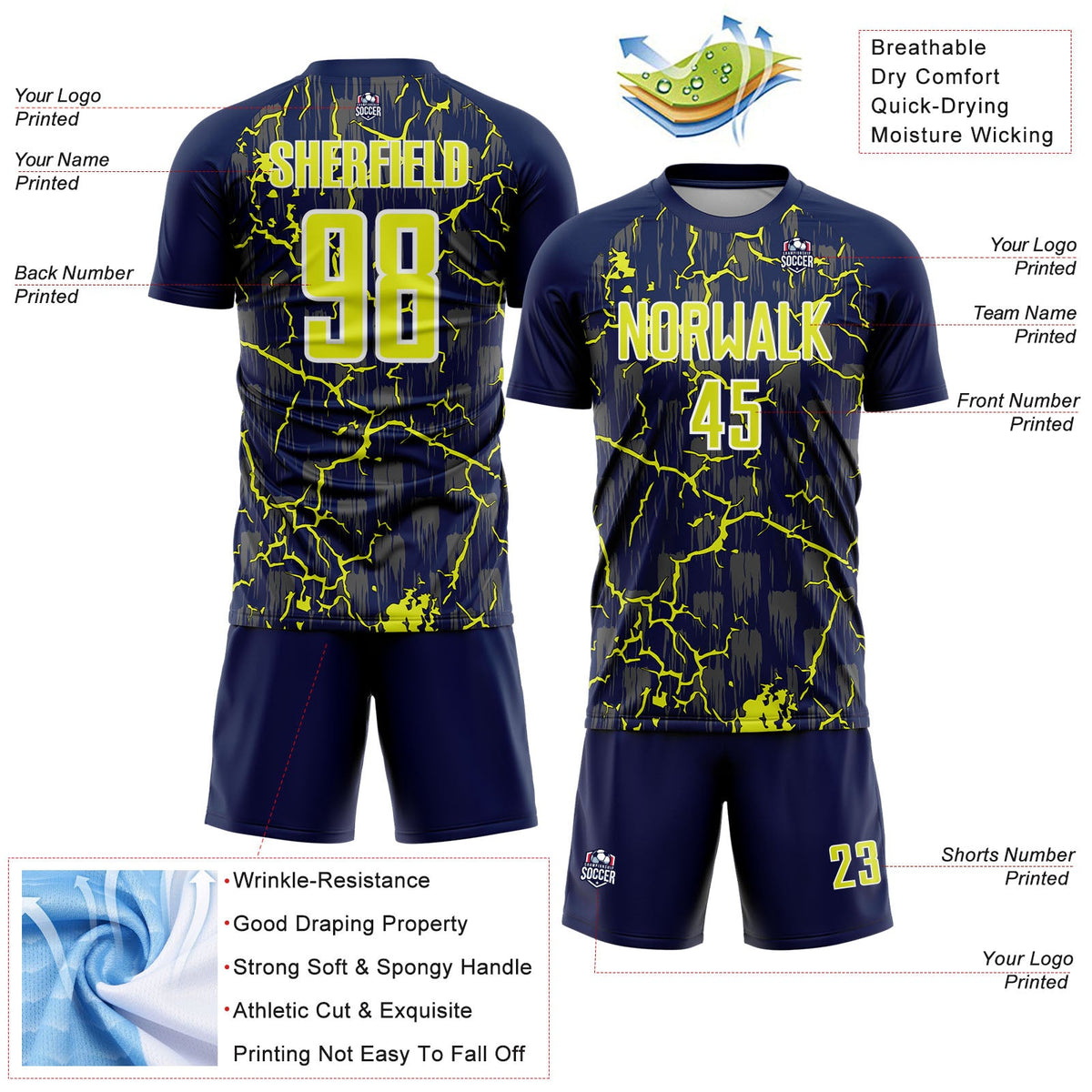 Custom Navy Neon Yellow-White Lightning Sublimation Soccer Uniform Jersey Limited