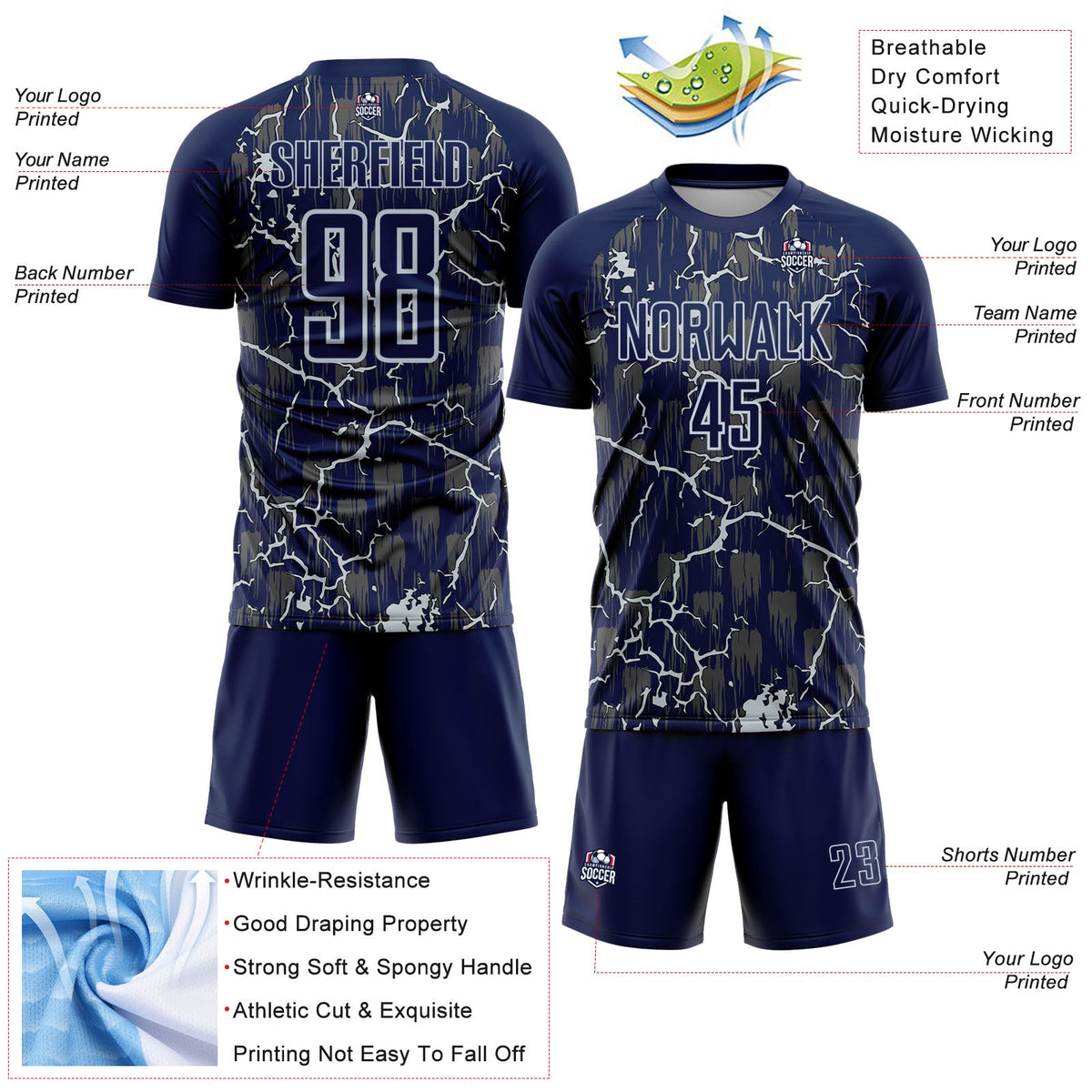 Custom Navy Silver Lightning Sublimation Soccer Uniform Jersey Limited