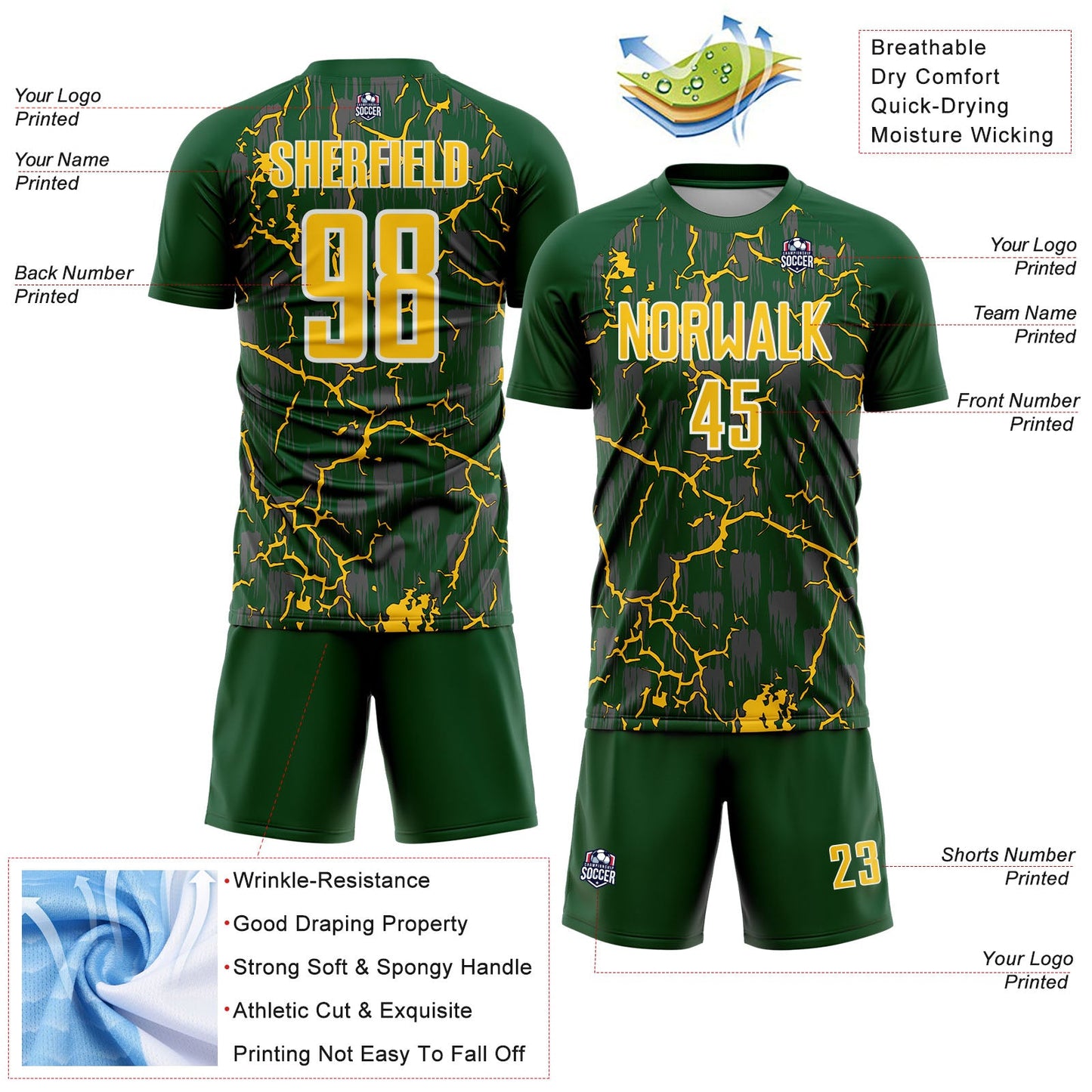 Custom Green Yellow-White Lightning Sublimation Soccer Uniform Jersey Limited