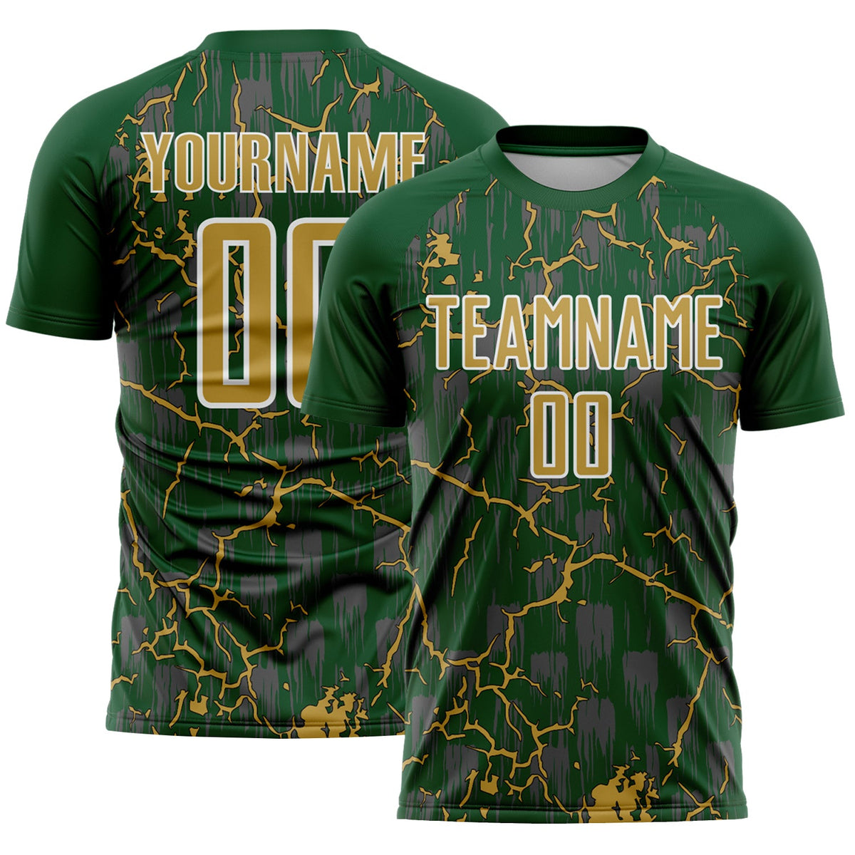 Custom Green Old Gold-White Lightning Sublimation Soccer Uniform Jersey