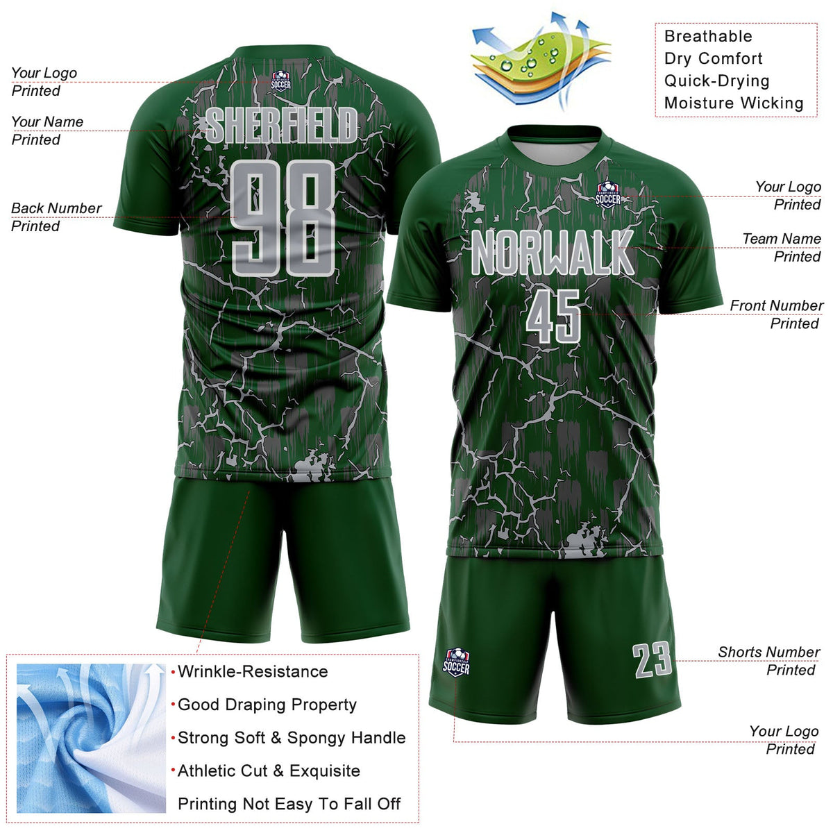 Custom Green Gray-White Lightning Sublimation Soccer Uniform Jersey Limited