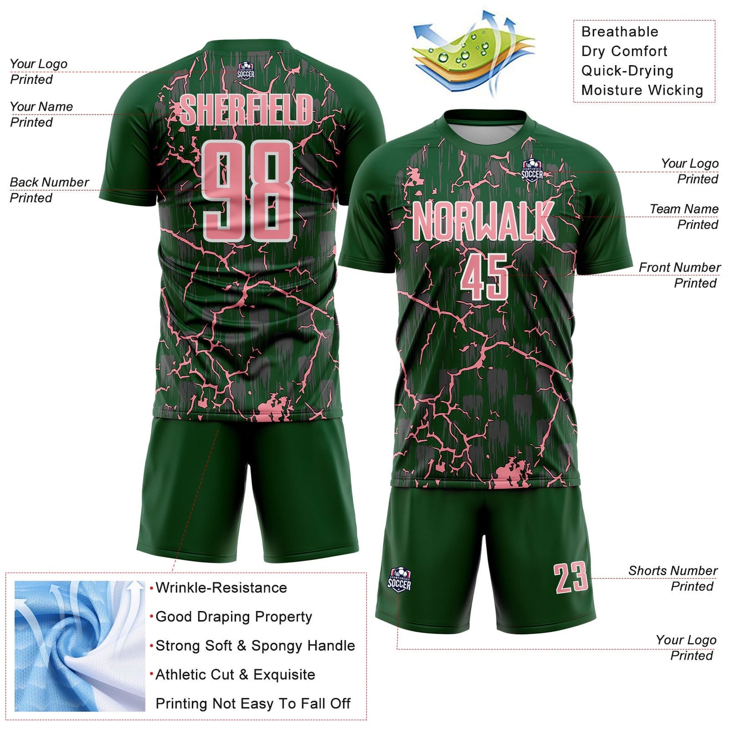 Custom Green Medium Pink-White Lightning Sublimation Soccer Uniform Jersey Limited