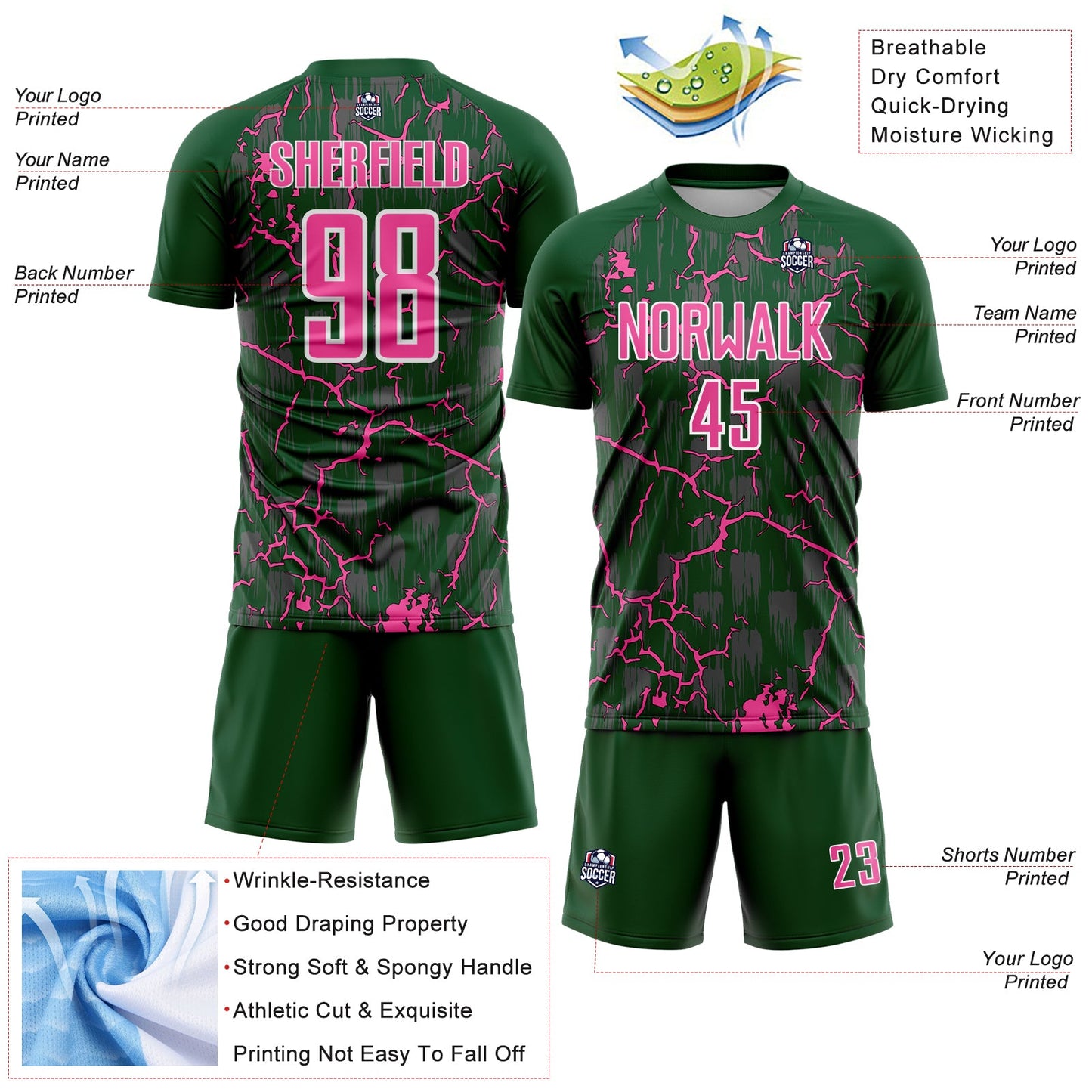 Custom Green Pink-White Lightning Sublimation Soccer Uniform Jersey Limited