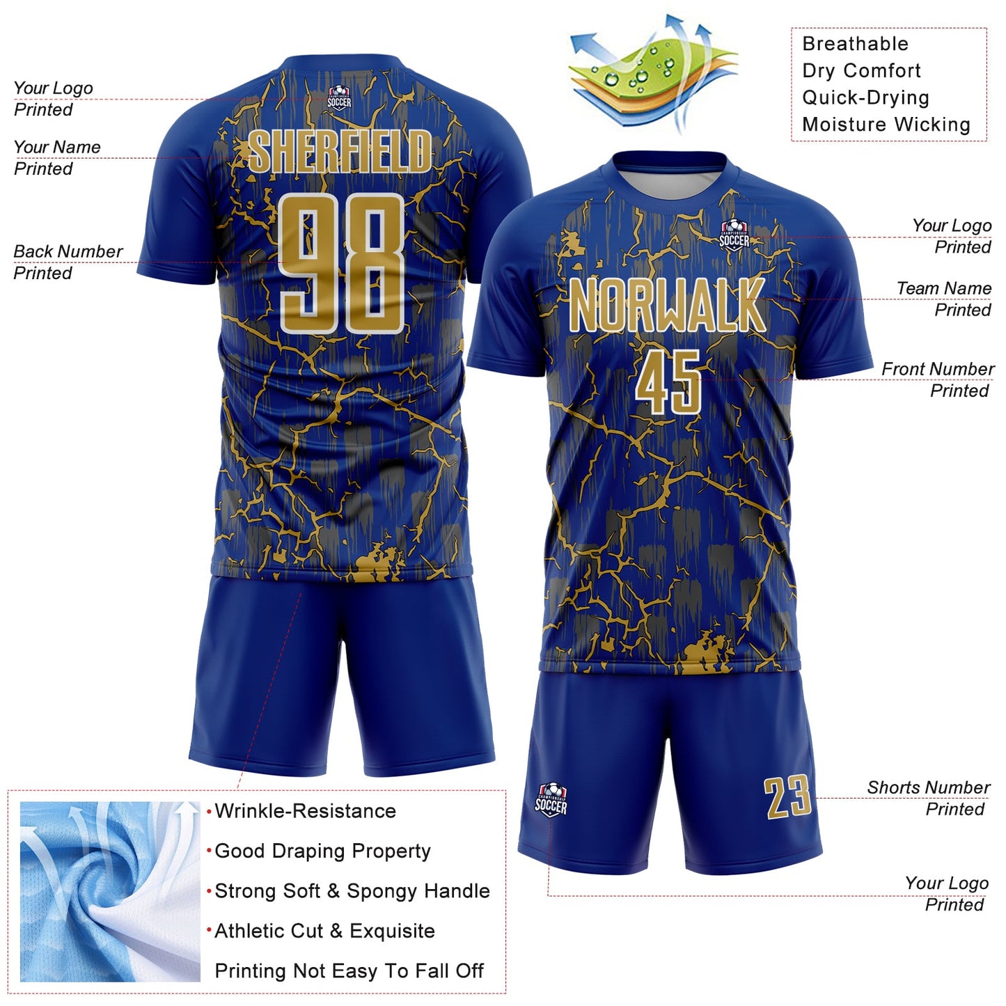 Custom Royal Old Gold-White Lightning Sublimation Soccer Uniform Jersey Limited