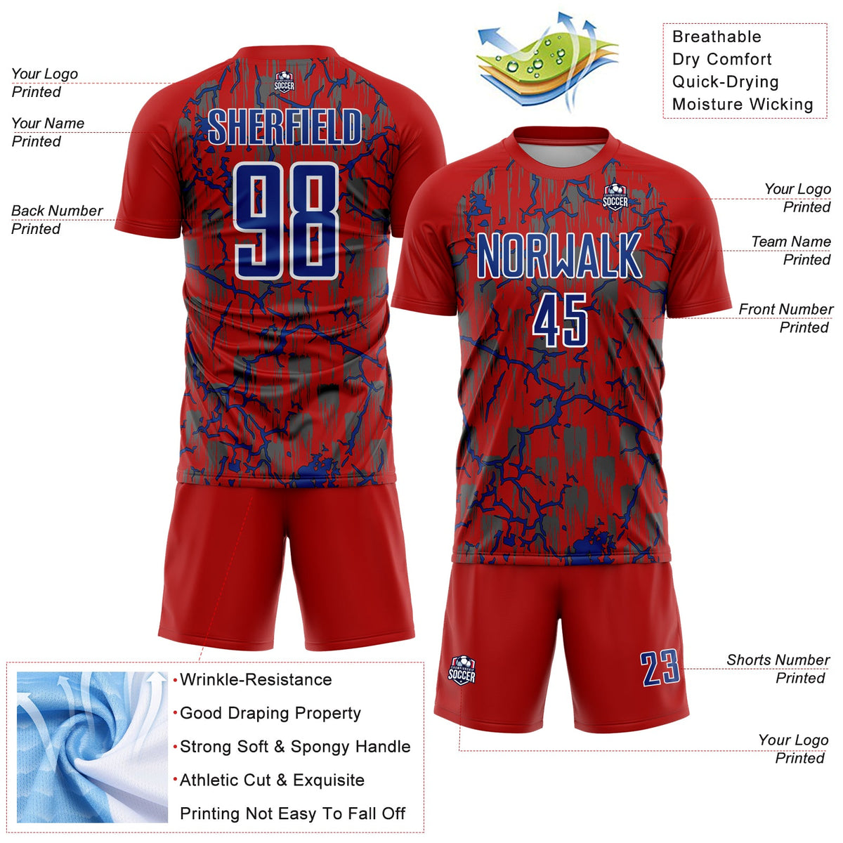 Custom Red Royal-White Lightning Sublimation Soccer Uniform Jersey Limited