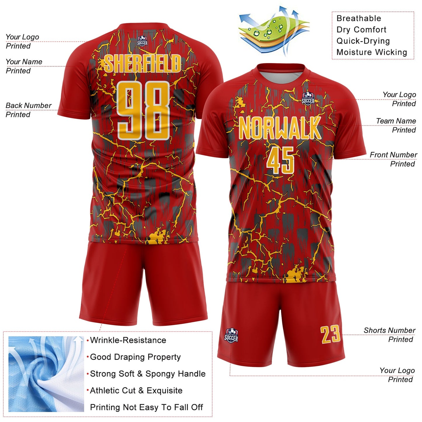Custom Red Gold-White Lightning Sublimation Soccer Uniform Jersey Limited