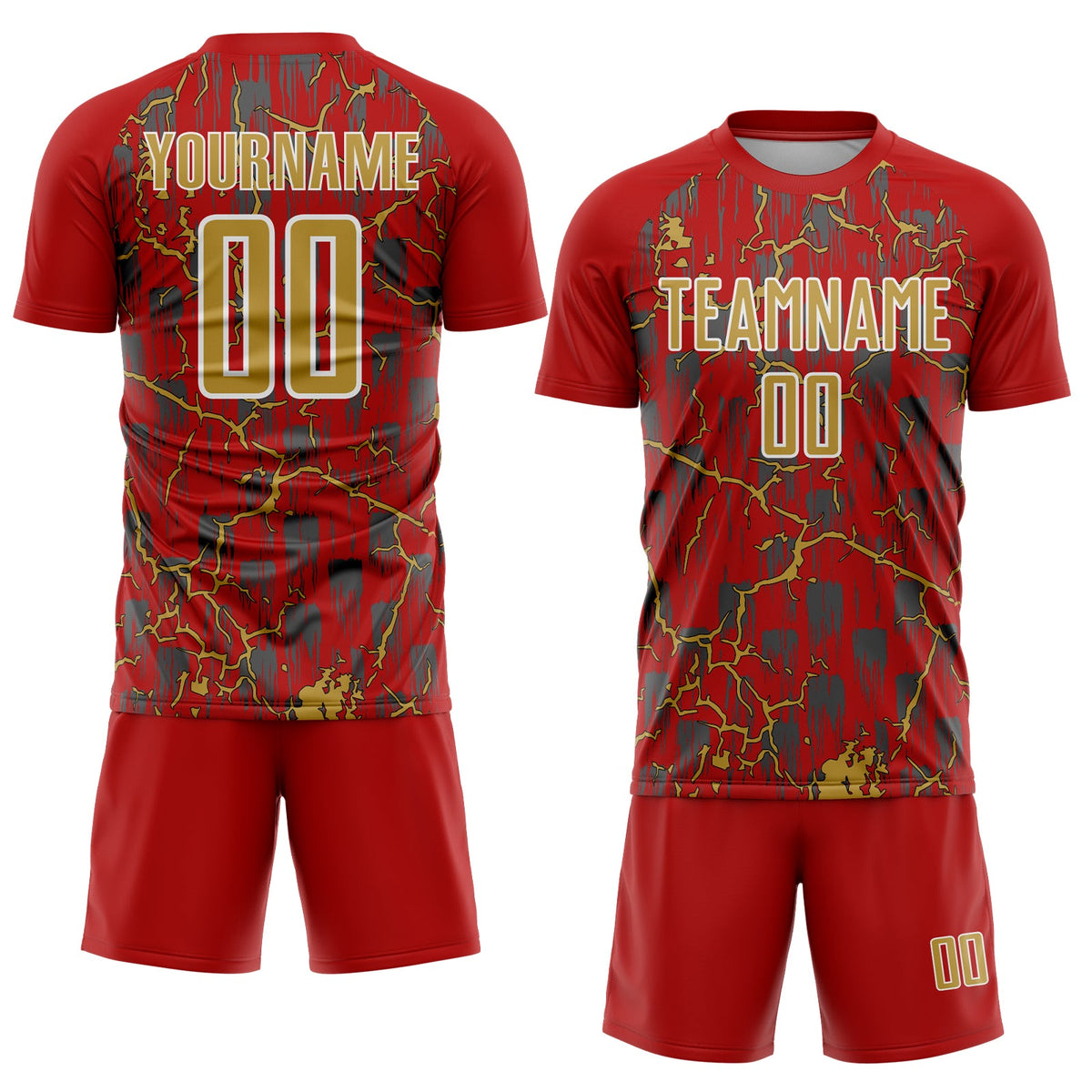 Custom Red Old Gold-White Lightning Sublimation Soccer Uniform Jersey Limited
