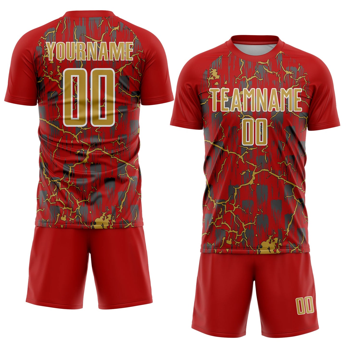 Custom Red Old Gold-White Lightning Sublimation Soccer Uniform Jersey Limited