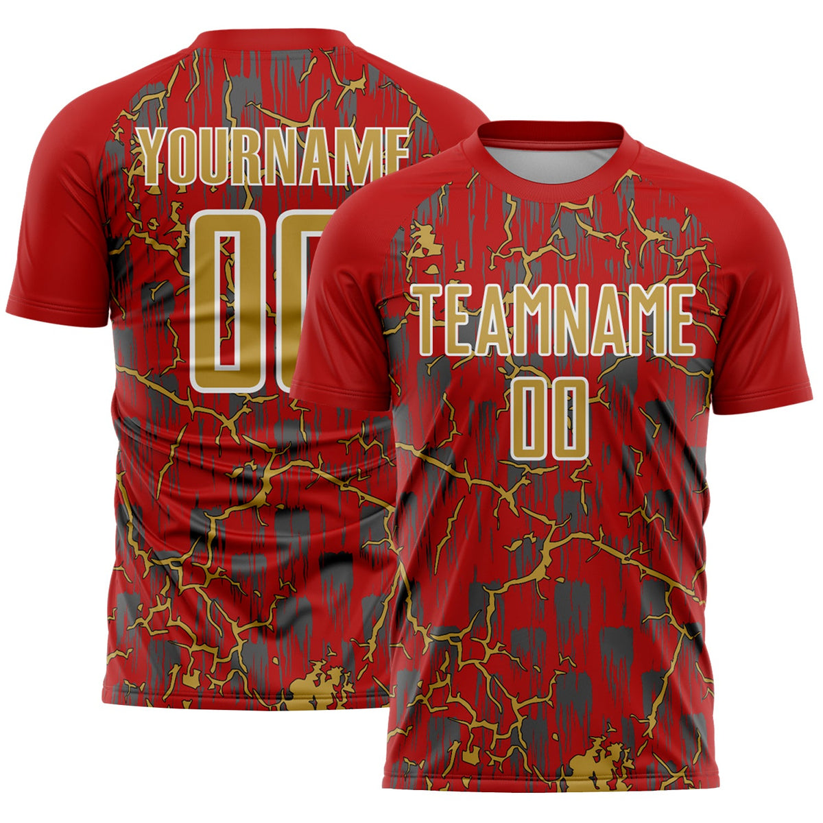Custom Red Old Gold-White Lightning Sublimation Soccer Uniform Jersey
