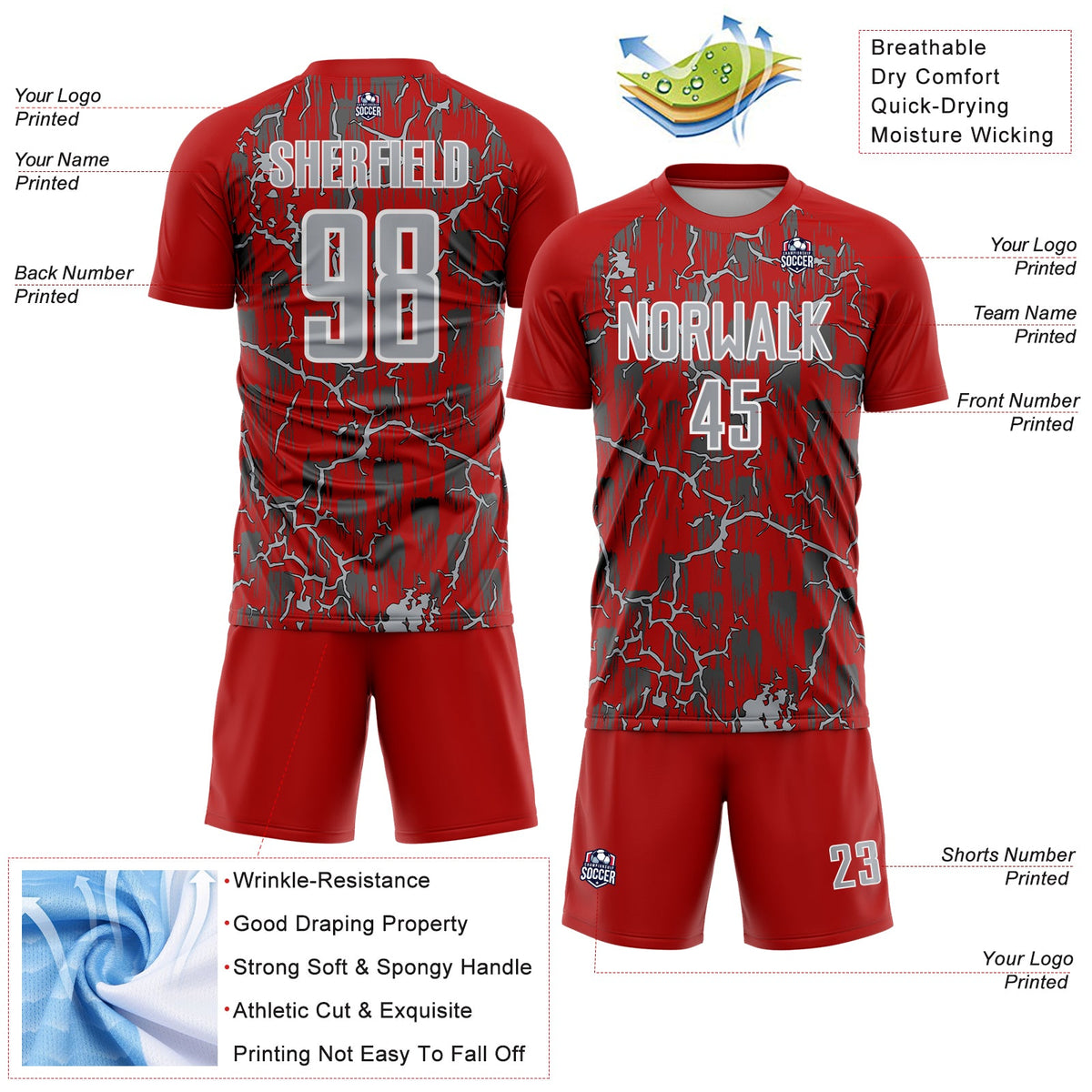Custom Red Gray-White Lightning Sublimation Soccer Uniform Jersey Limited
