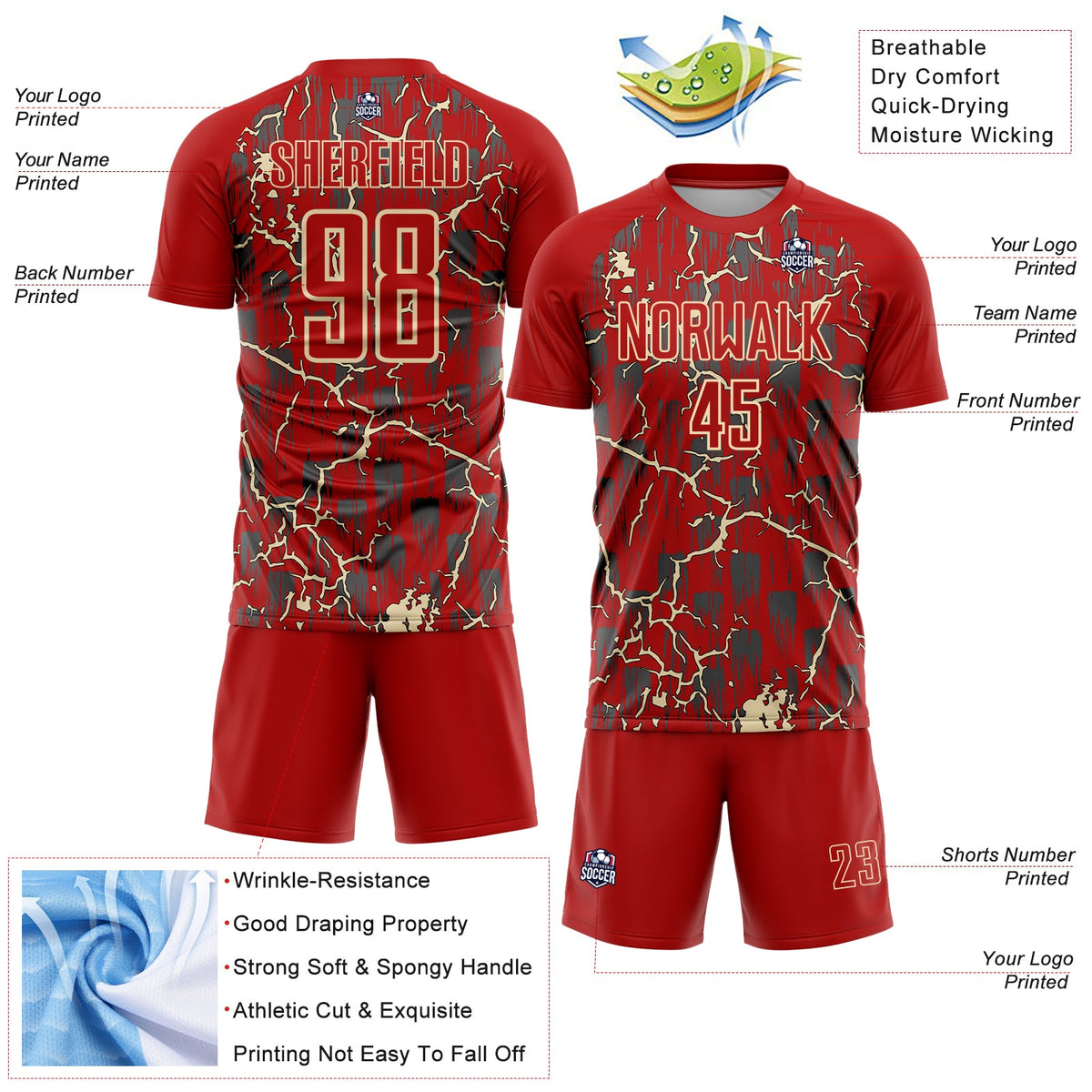 Custom Red Cream Lightning Sublimation Soccer Uniform Jersey Limited